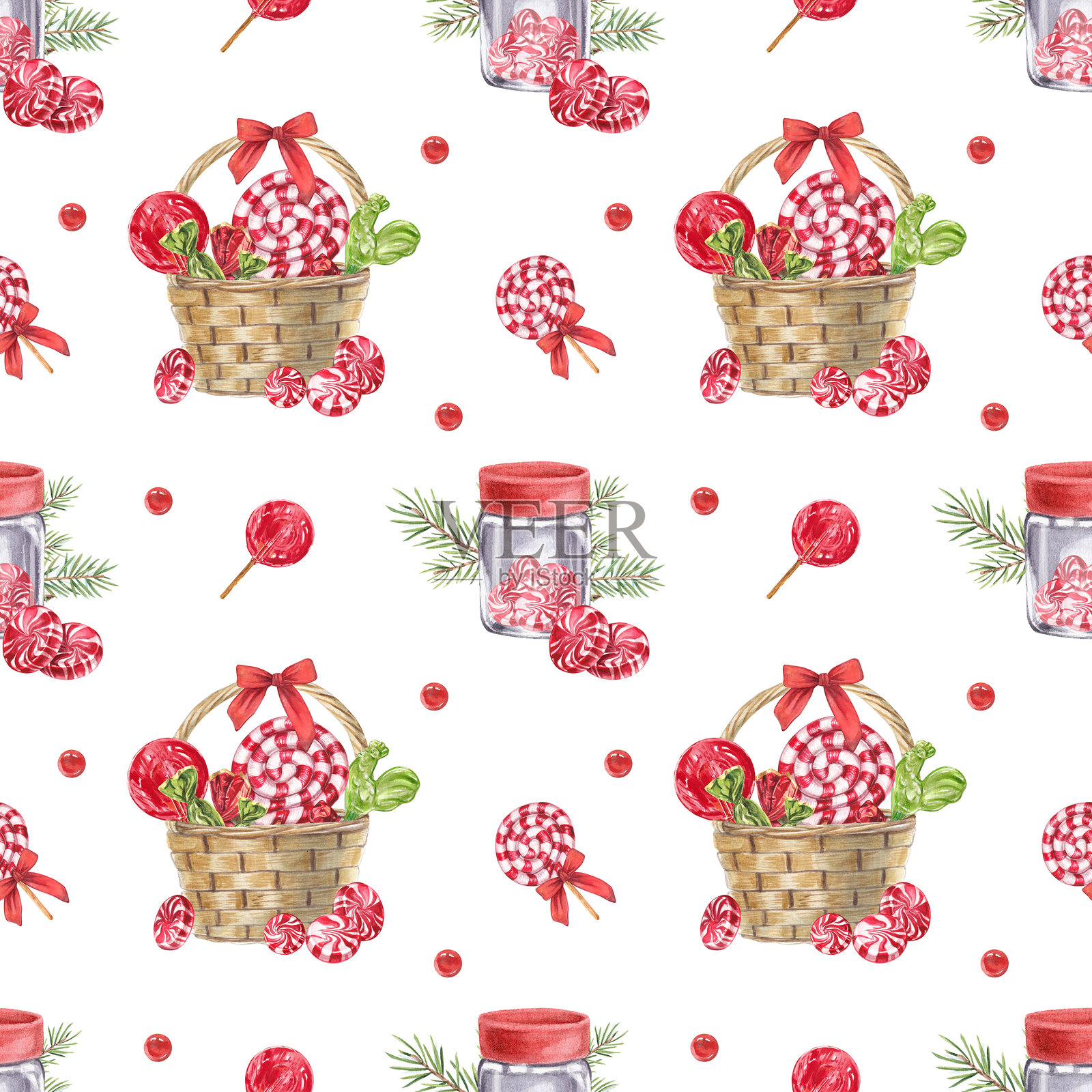 无缝图案中的糖果和棒棒糖。新年甜点的水彩插图。一个装饰品的篮子。节日主题。该图案适用于包装、明信片、面料和设计。插画图片素材