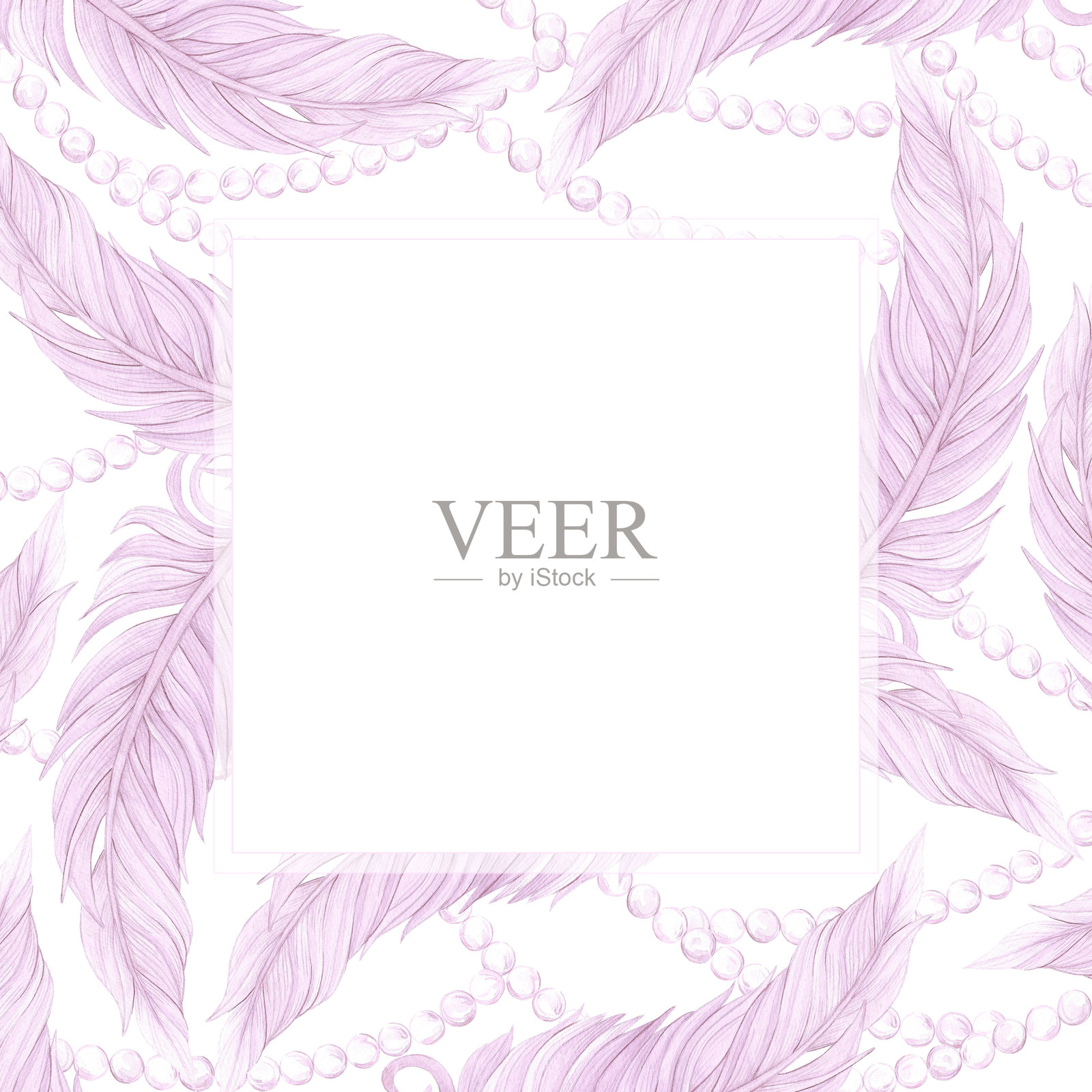 嘉年华粉色羽毛与珍珠框边。手绘水彩面具插图，独立于白色背景。可用于明信片、标签、剪贴簿及其他印刷产品。插画图片素材