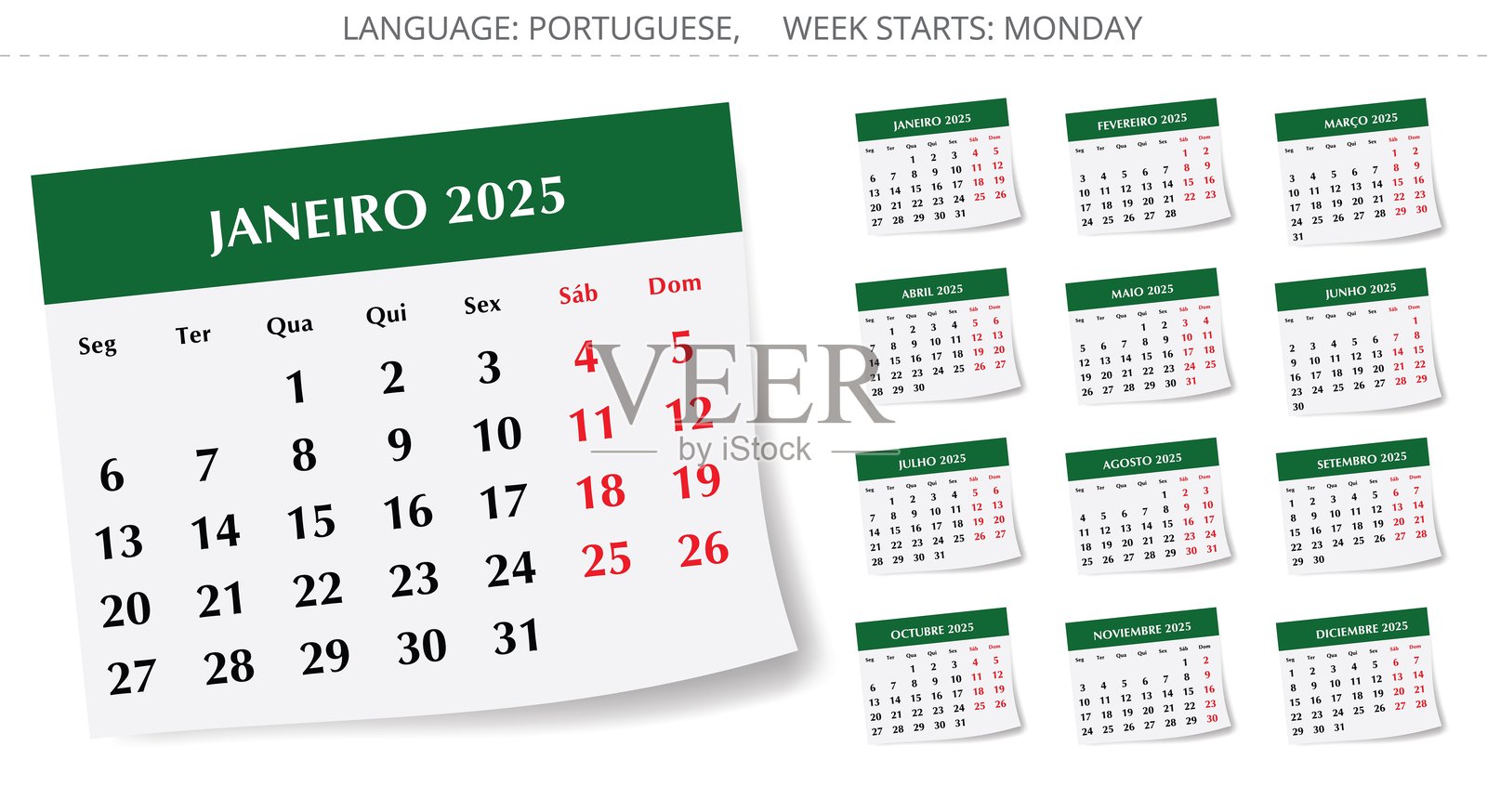 2025年葡萄牙月历集。纸质设计插图的矢量集合。插画图片素材