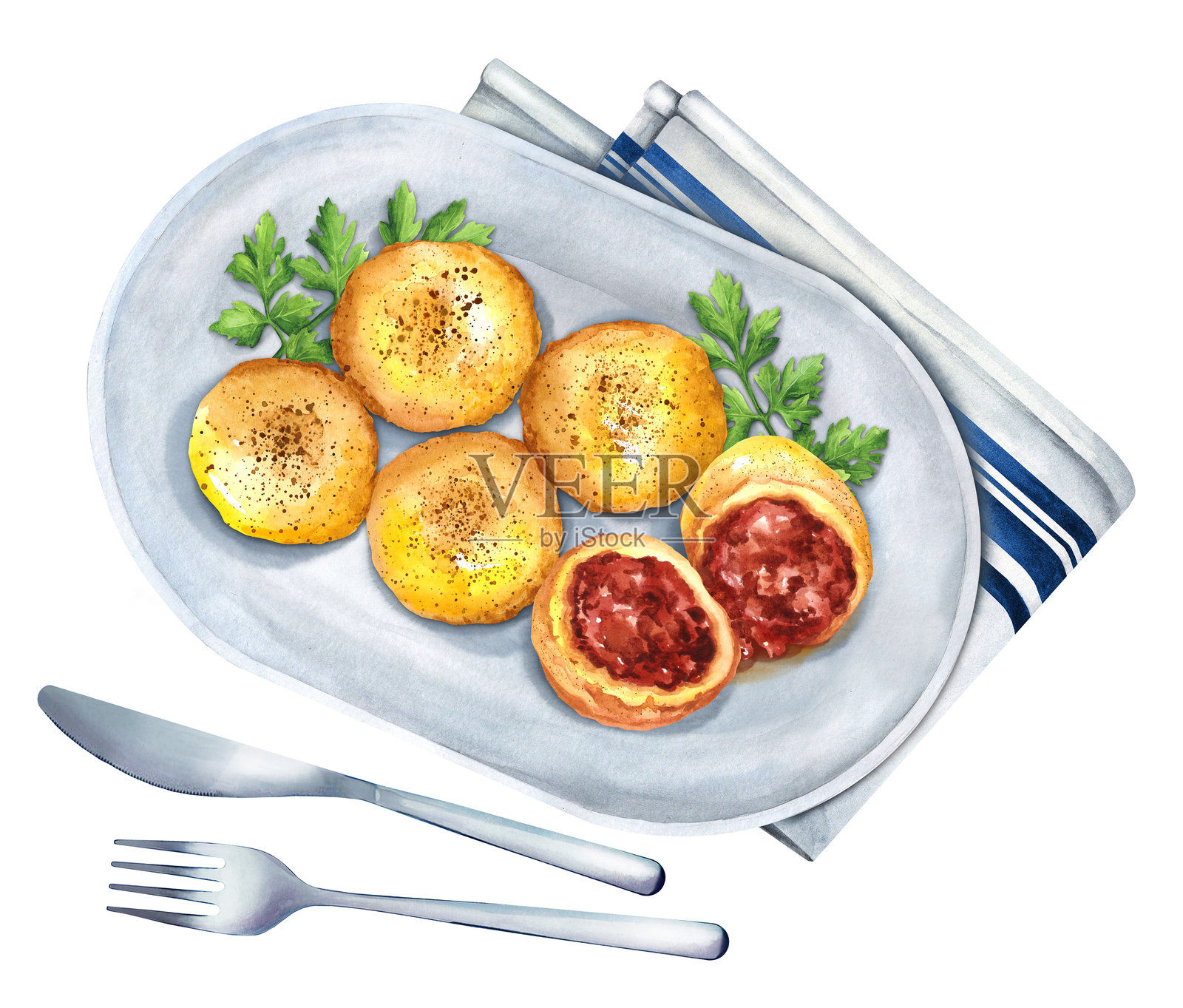水彩插图的土豆饺子，里面包裹着剁碎的肉。插画图片素材