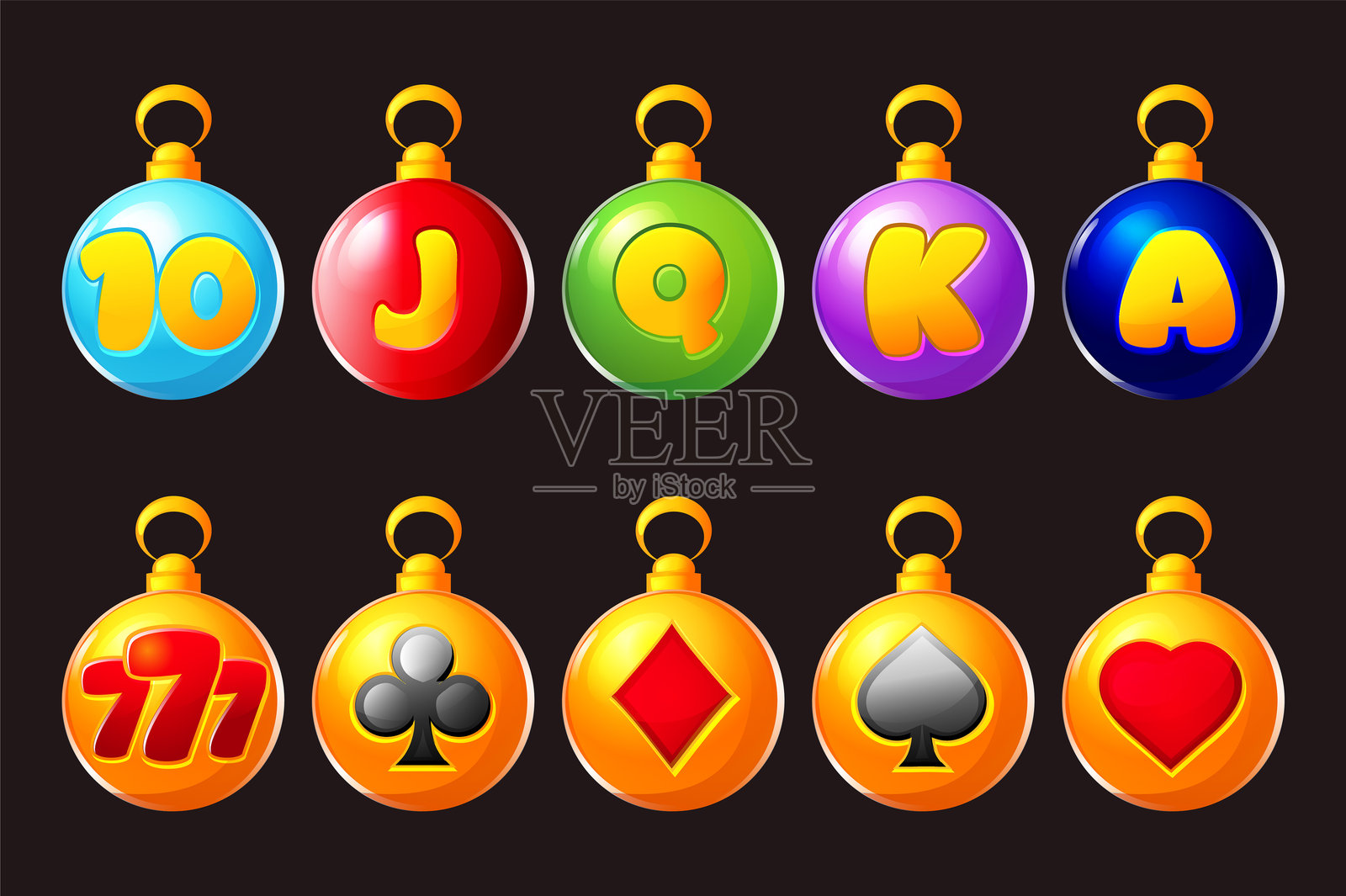 老虎机符号 - 圣诞球与扑克牌符号和777，适用于您的游戏或老虎机。插画图片素材