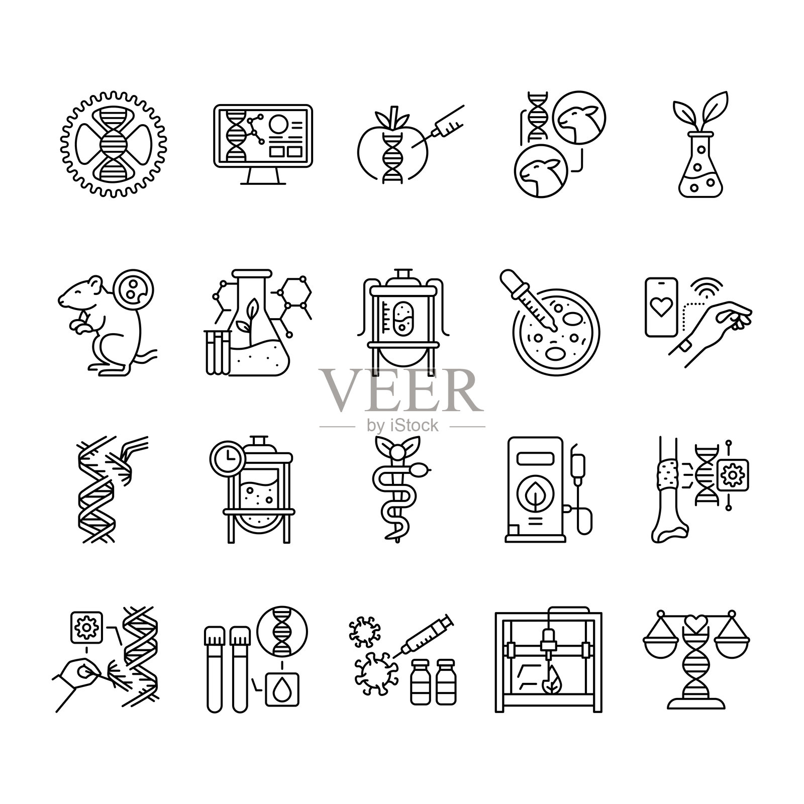 生物技术黑色线条图标。插画图片素材