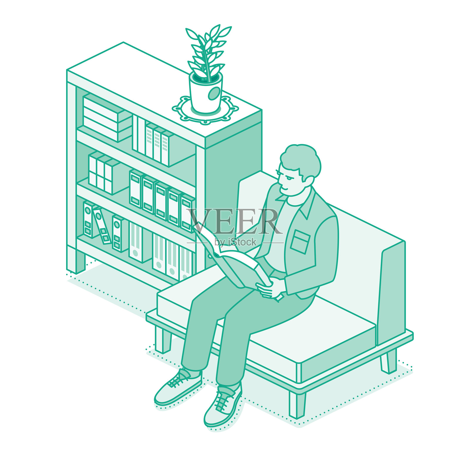 年轻男子坐在柔软的椅子上阅读书籍。书架和书架上摆满了书。轮廓风格。这个男人喜欢在轻松的氛围中享受一本好书。插画图片素材