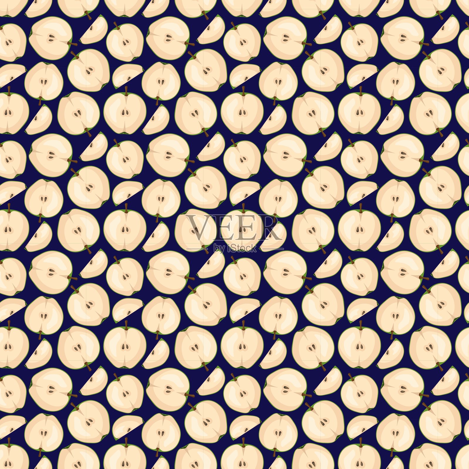 蓝色背景上的苹果平面无缝图案。适用于包装纸、贺卡、海报和横幅设计。插画图片素材