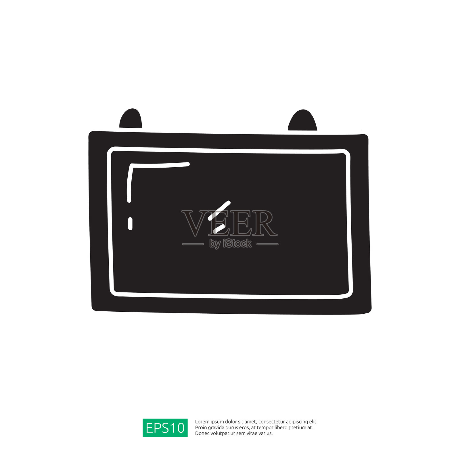 一幅简单的黑白插图，描绘了一个空白的告示牌，顶部有两个挂钩，暗示可以用来展示信息或消息。插画图片素材