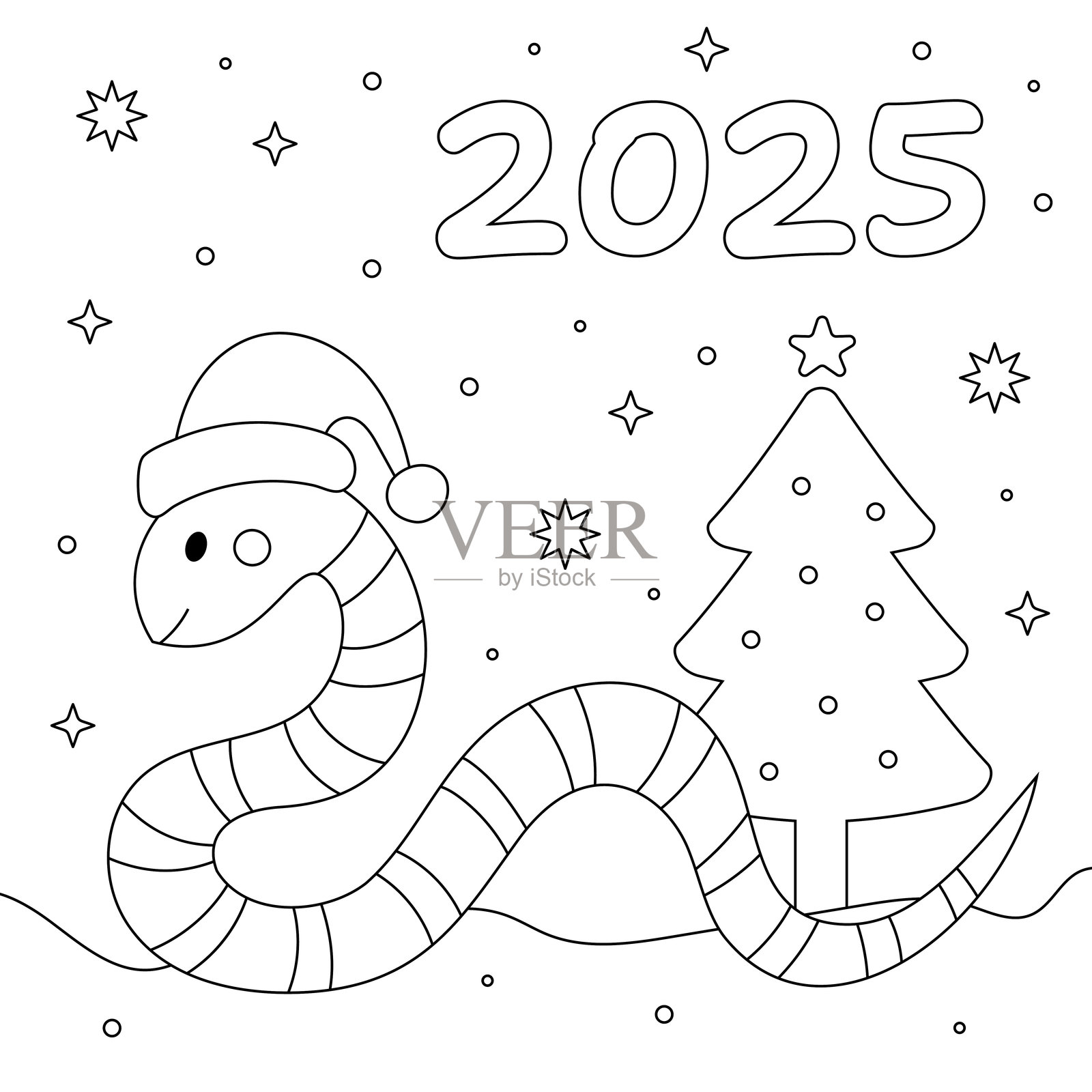 2025年蛇年贺卡模板。可爱、时尚且简约的设计。涂色书。插画图片素材