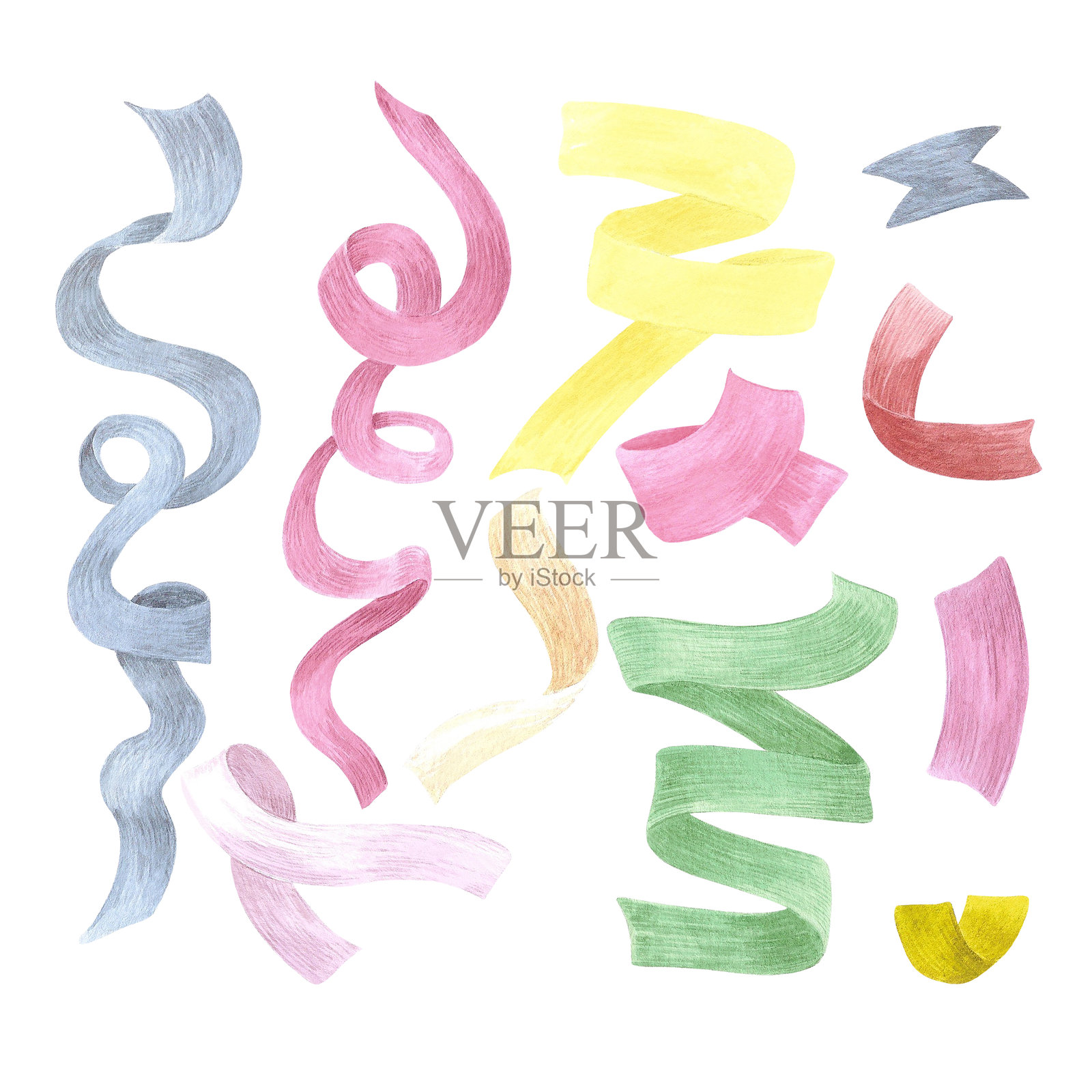 圣诞节彩带套装。手绘水彩插图，色彩缤纷的彩纸屑，背景为白色。可用于明信片、邀请函、剪贴簿及其他印刷产品。插画图片素材