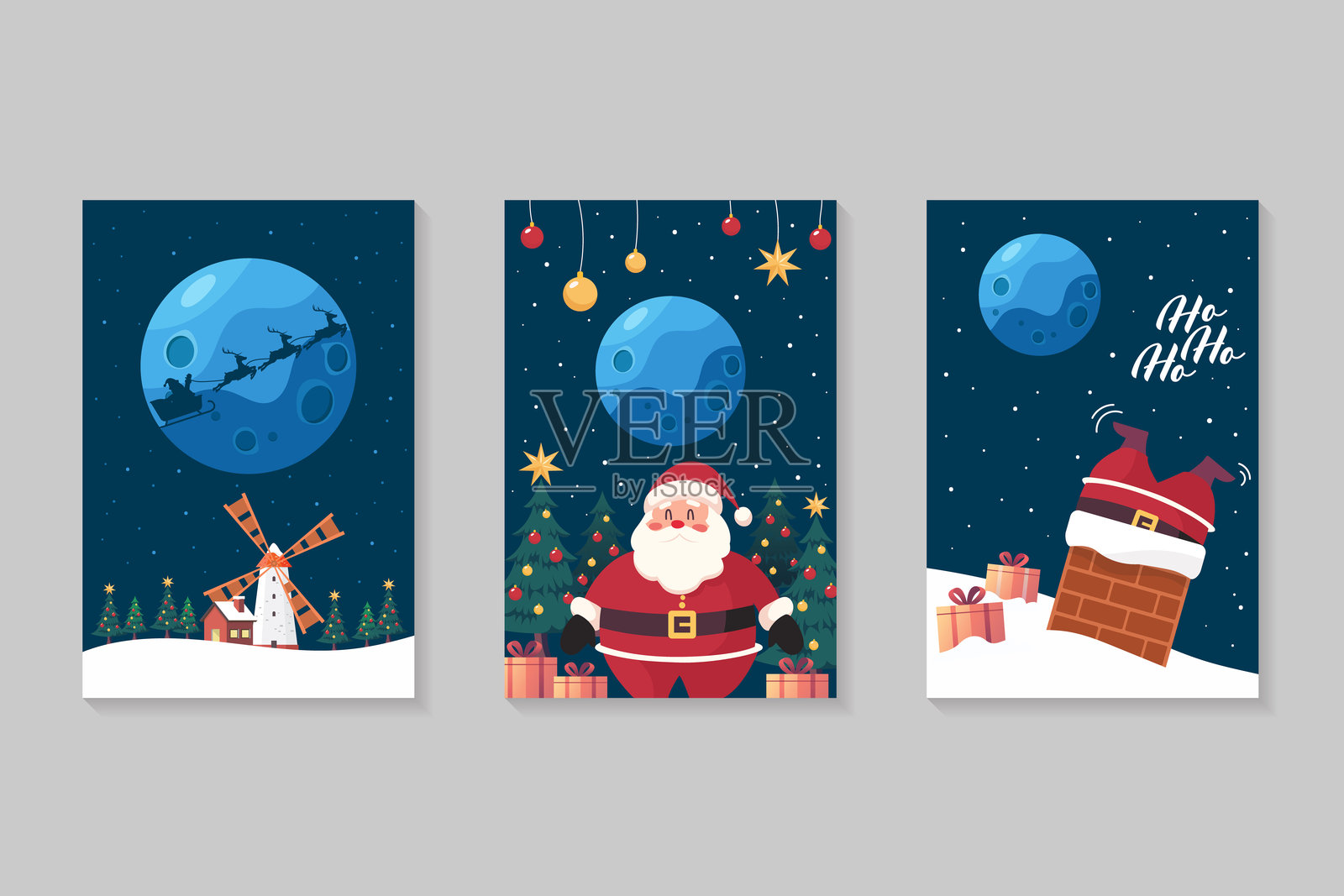 圣诞快乐明信片合集。可爱的卡通贺卡。插画图片素材