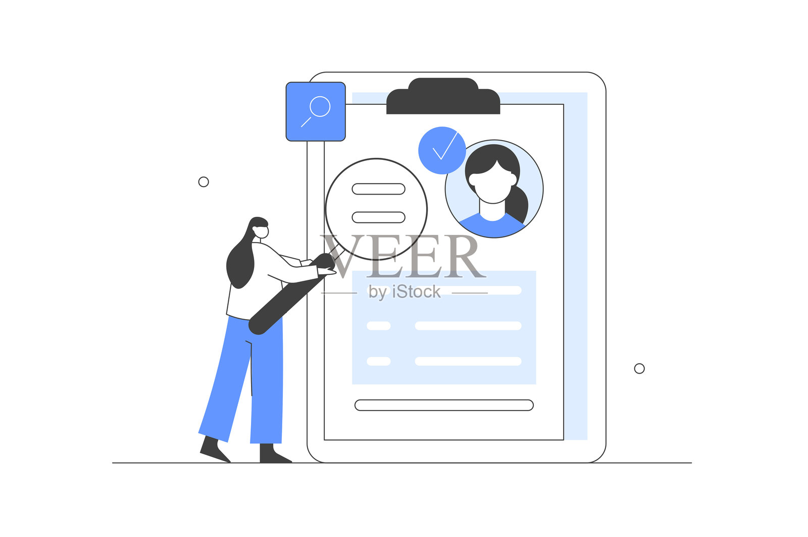 招聘。人力资源经理正在寻找新员工，阅读简历并对求职者进行评估。招聘流程。角色申请工作职位。扁平卡通矢量插图，图标。时尚抽象。插画图片素材