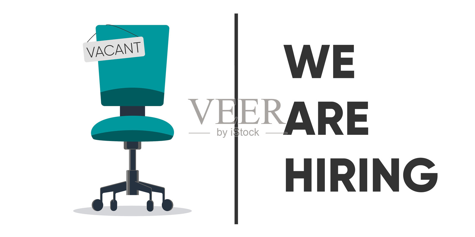 空荡荡的办公椅上挂着“空缺”标志，背景为白色，上面写着“我们正在招聘”。插画图片素材