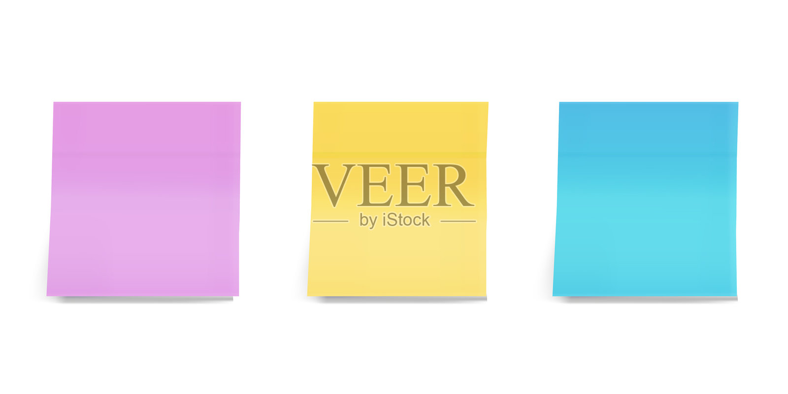 一组三种颜色的彩色便签纸，紫色、黄色和蓝色。平面风格，背景为白色。插画图片素材