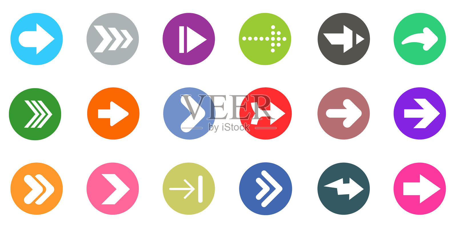 多样化的圆形箭头图标集合，具有不同的颜色和风格。插画图片素材