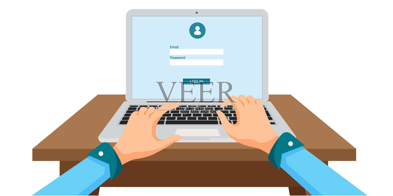 在木桌上用笔记本电脑输入登录凭据的人。插画图片素材