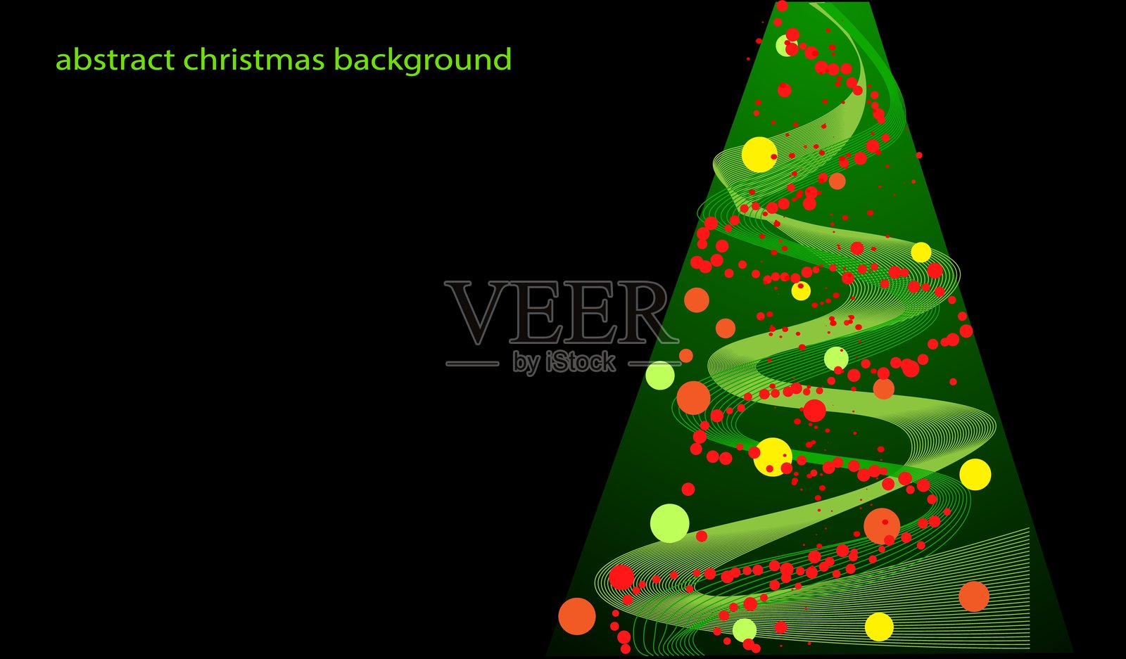 抽象的圣诞树，带有弯曲的线条和圆形装饰，背景为黑色。现代节日设计和庆祝活动的概念。矢量插图插画图片素材