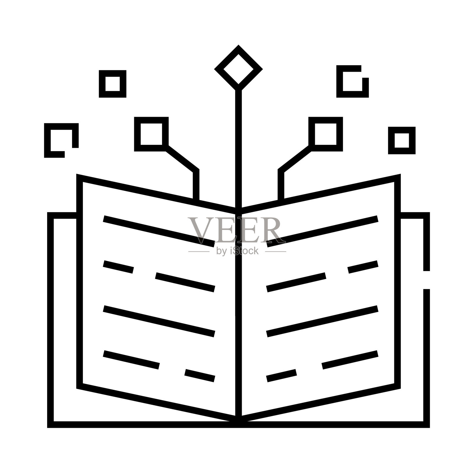 数字学习 - 打开的书籍与代表在线教育的科技符号插画图片素材