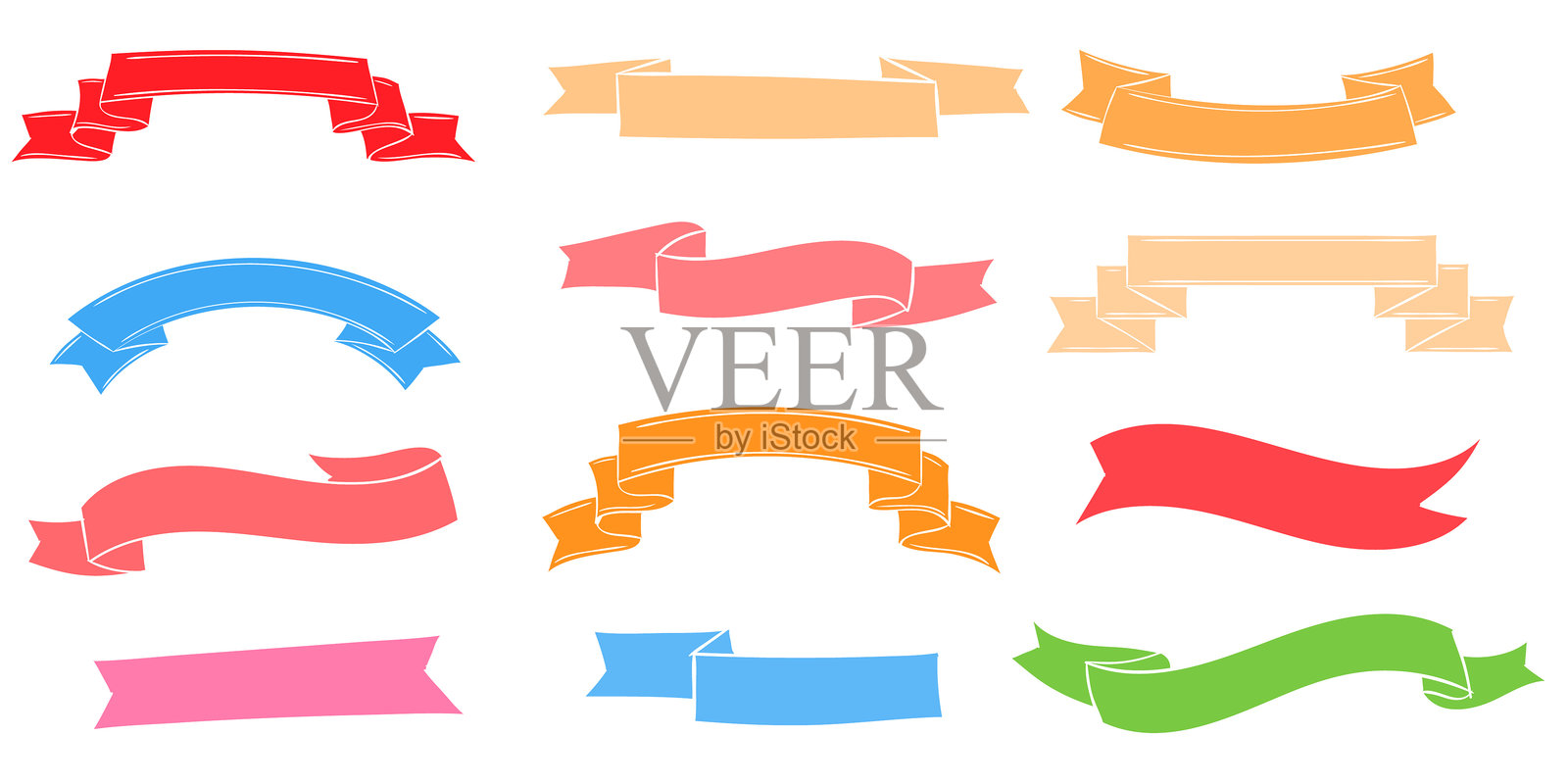 一组包含红色、橙色、绿色和蓝色的柔和色调彩色丝带。插画图片素材