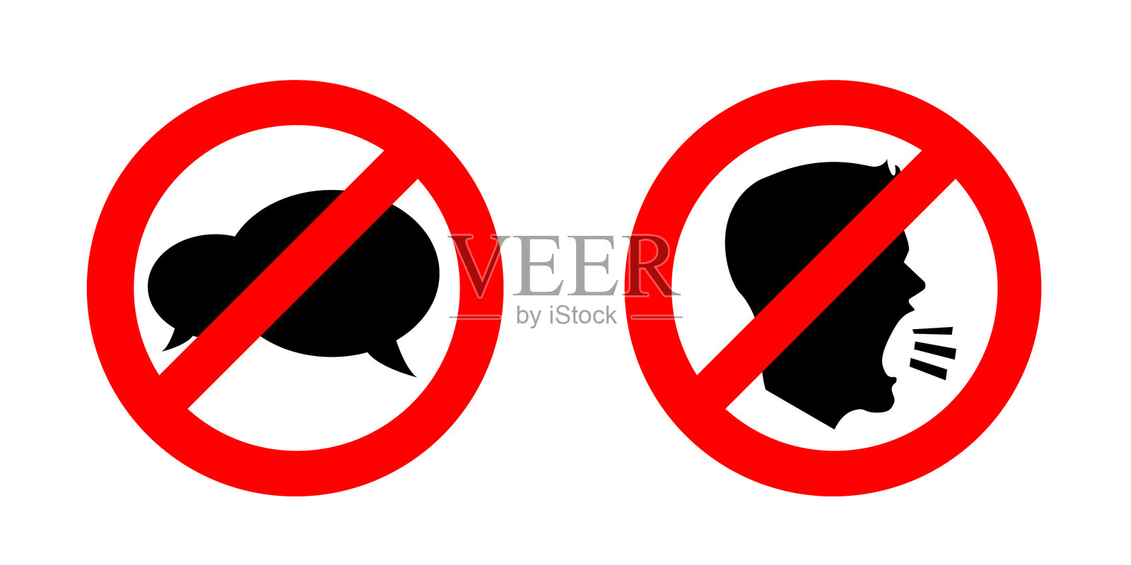 一组红色禁止标志，带有对话气泡和一个正在大喊的人，背景为白色。插画图片素材
