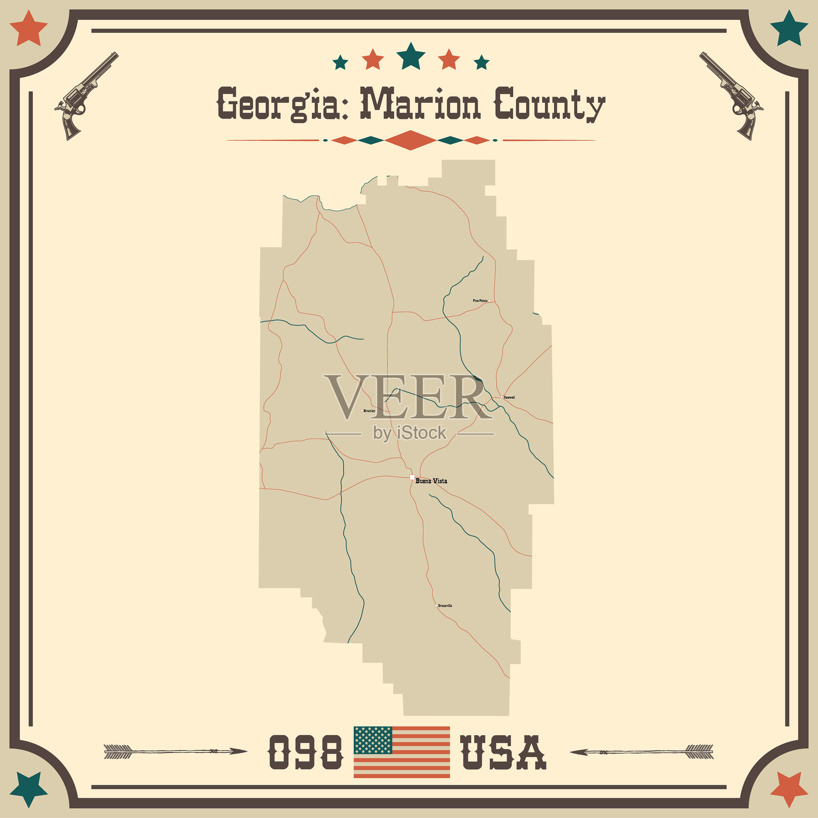 美国乔治亚州马里昂县的大型精确地图，采用复古色彩。插画图片素材