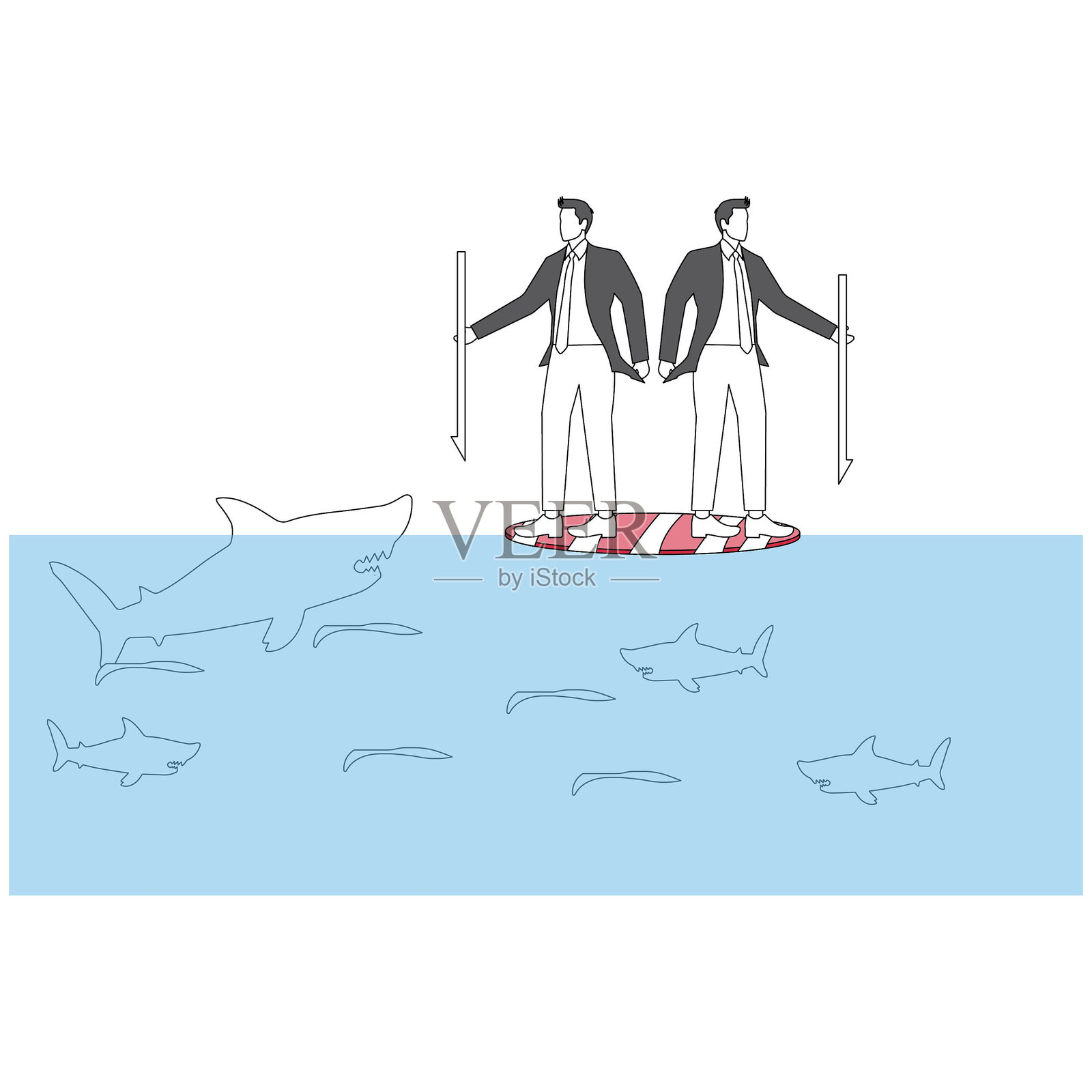 两位商人在水中与鲨鱼对峙，手持鱼叉，共同面对风险和危机，团结信任，一起解决问题和困难。插画图片素材