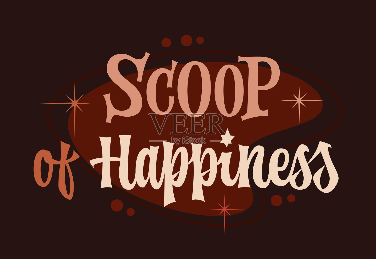 幸福的勺子。柔和温暖的巧克力色调上，复古风格的奶油字体，背景为深棕色。复古风格的星星和圆点增强了怀旧主题，非常适合甜点或咖啡馆。插画图片素材