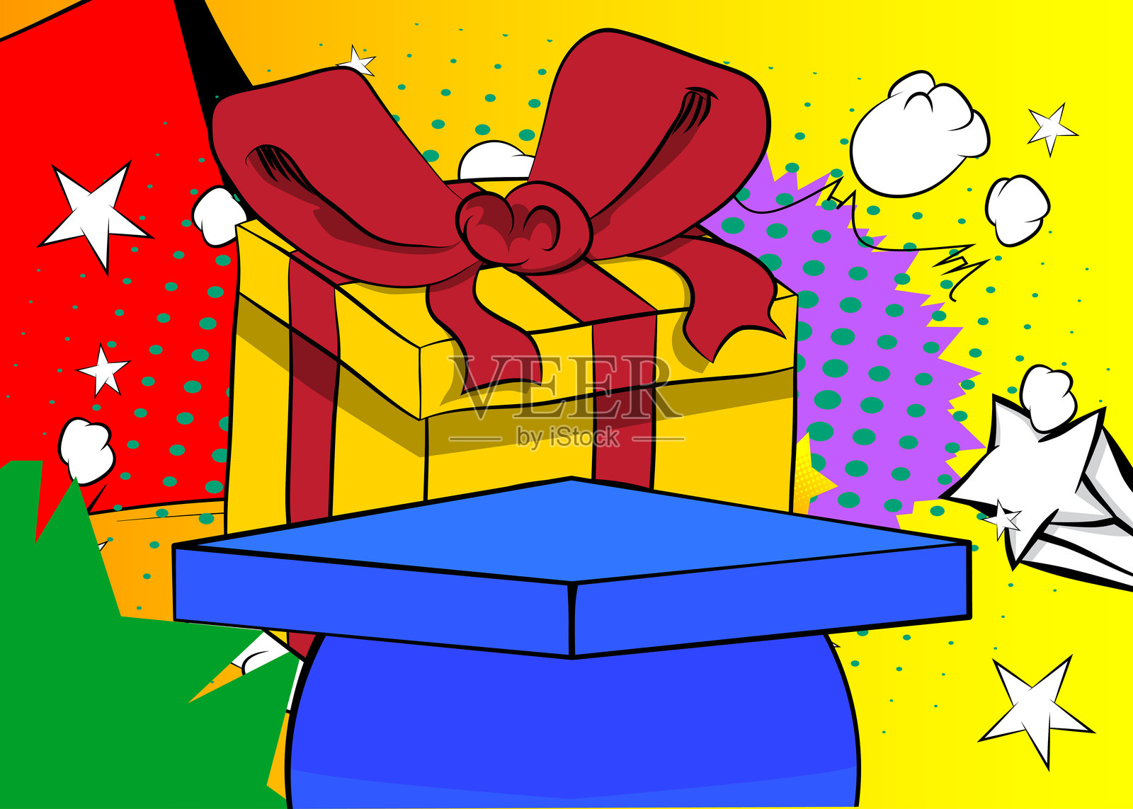 漫画书产品展示台用于模拟演示，配有礼品盒。复古漫画背景。插画图片素材