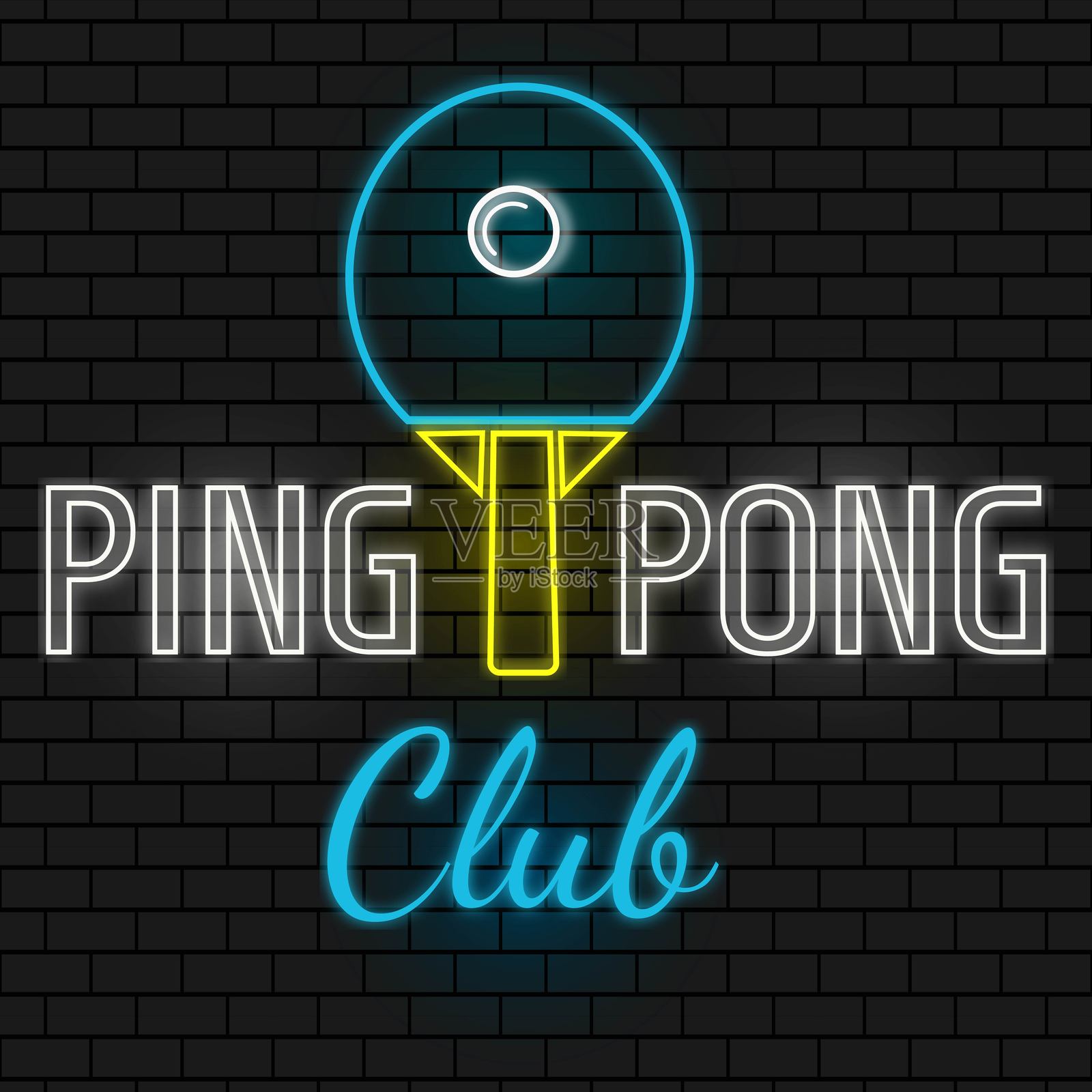 乒乓球俱乐部。明亮的霓虹插图。插画图片素材