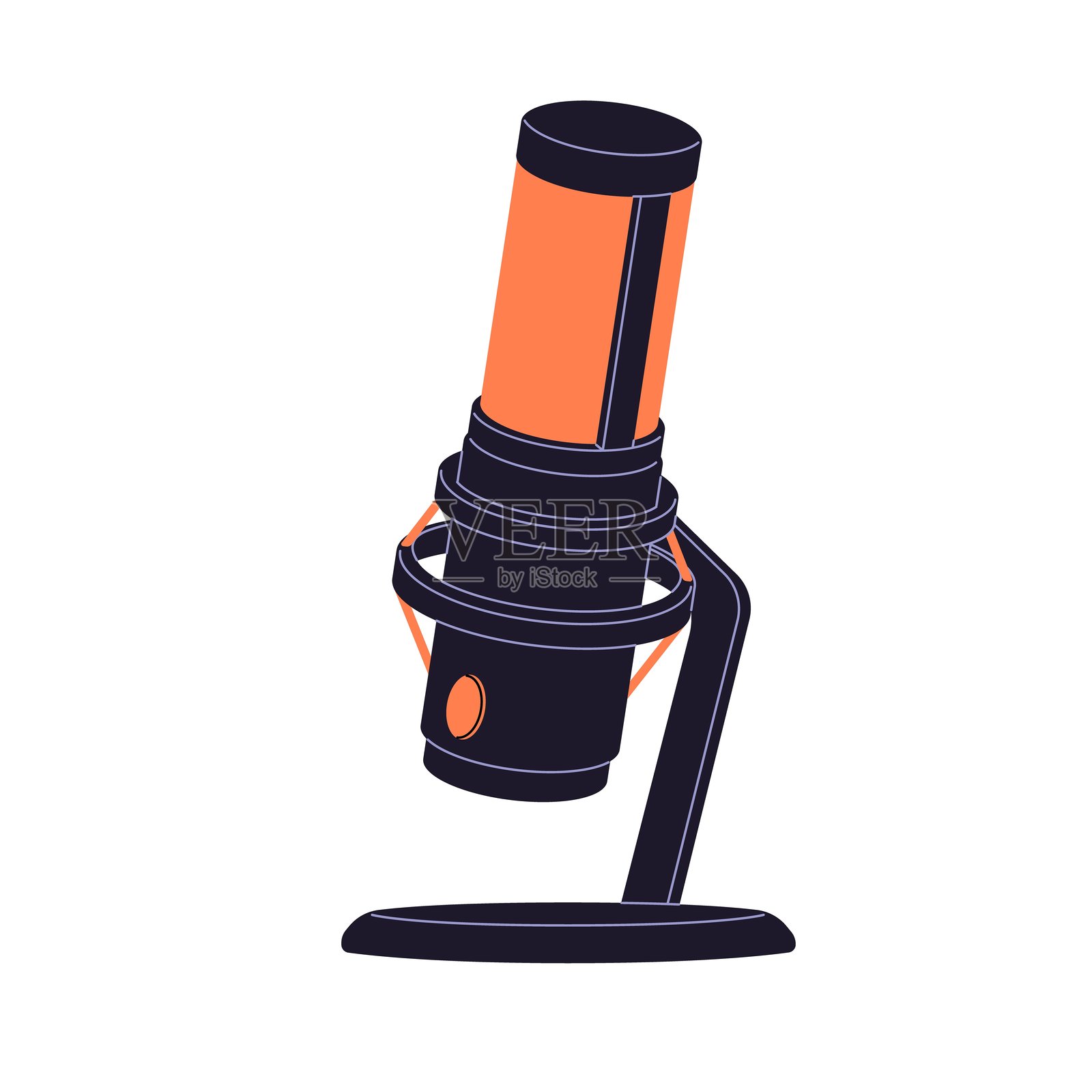 专业麦克风图标，带支架。现代红色麦克风用于录制音频播客和广播。桌面麦克风用于直播。游戏玩家的硬件。白色背景上的扁平孤立矢量插图。插画图片素材