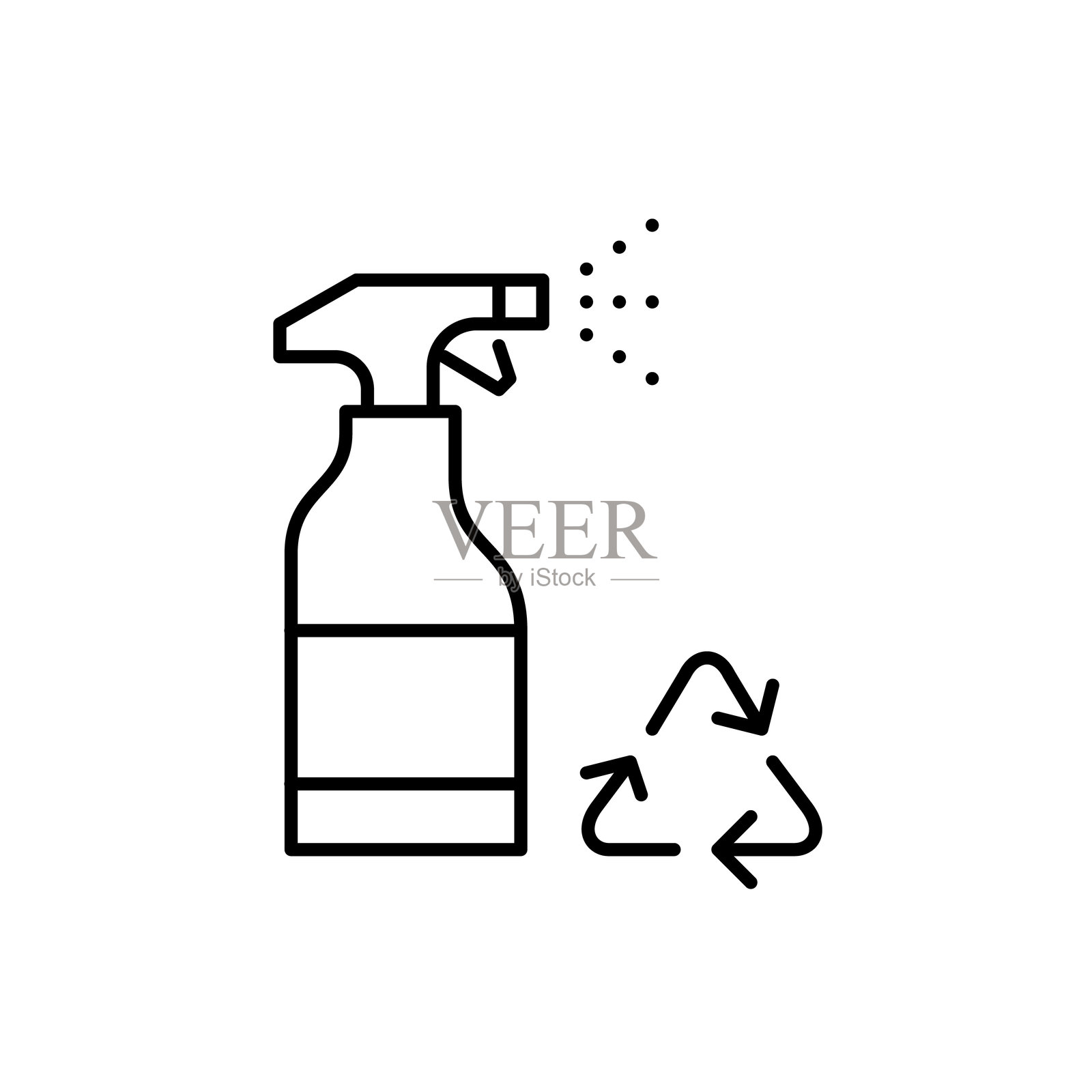 洗涤剂喷雾瓶和回收箭头。环保绿色清洁。可回收包装。像素完美的矢量图标。插画图片素材