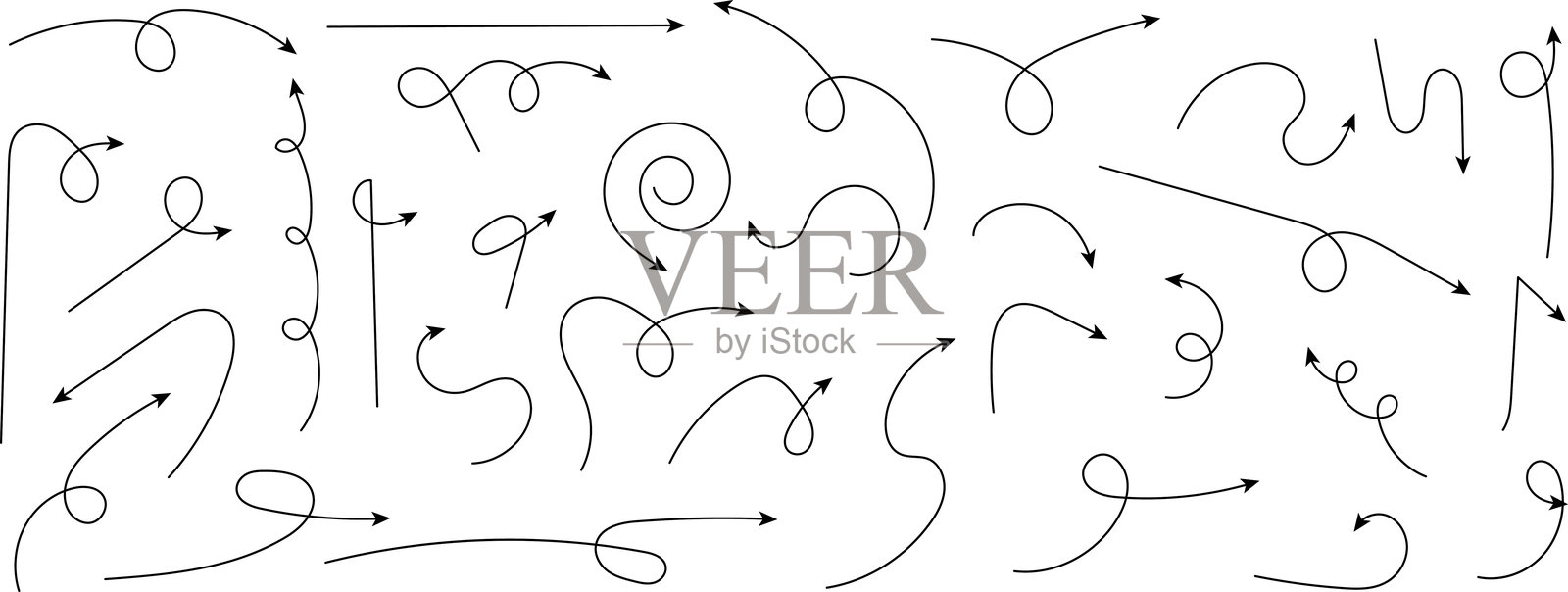 手绘的点状箭头。手绘的自由曲线、涡旋箭头。弯曲箭头线。涂鸦，素描风格。孤立的矢量插图。插画图片素材