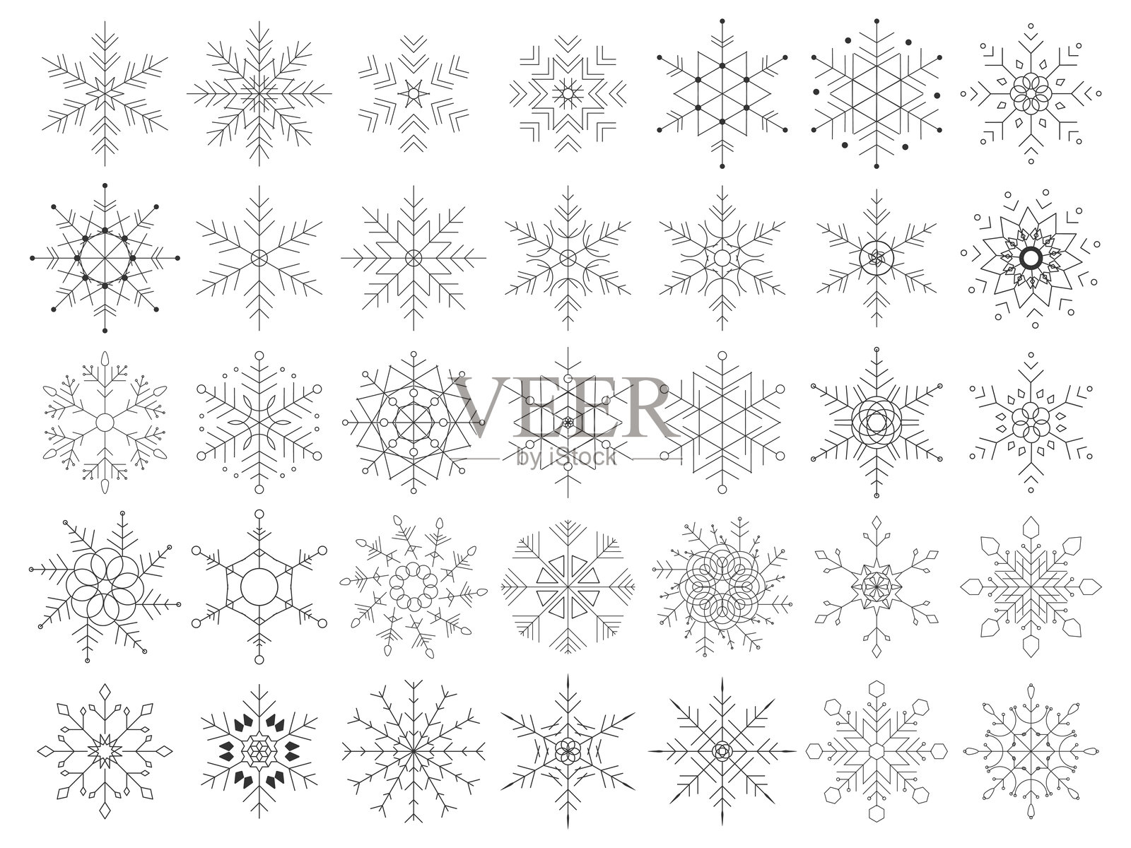 大型矢量雪花合集。几何雪晶和扁平雪花设计。冬季假日套装。极简线条艺术雪花。插画图片素材