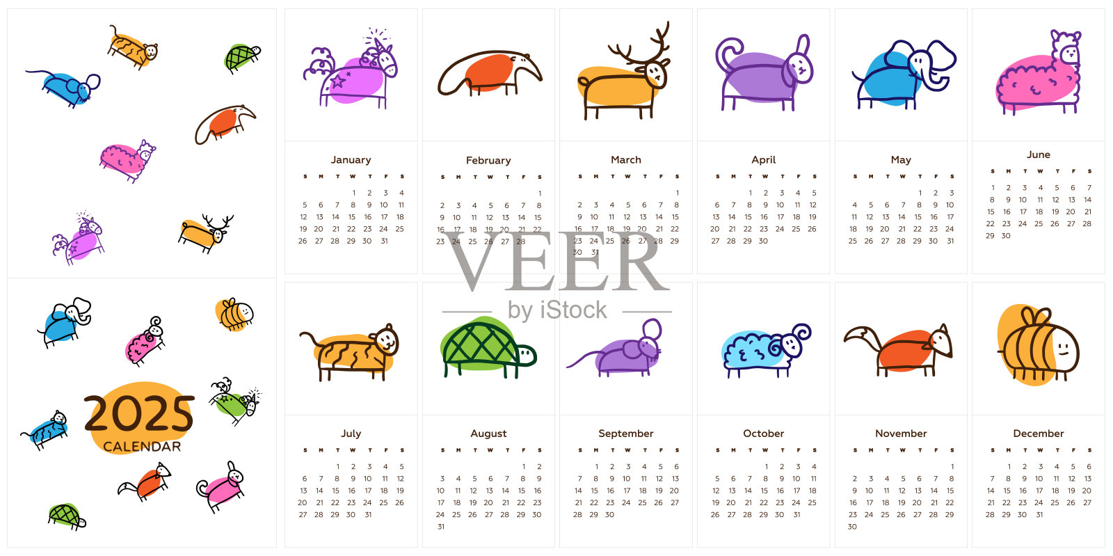 2025年新年快乐。经典的月历与涂鸦动物。插画图片素材