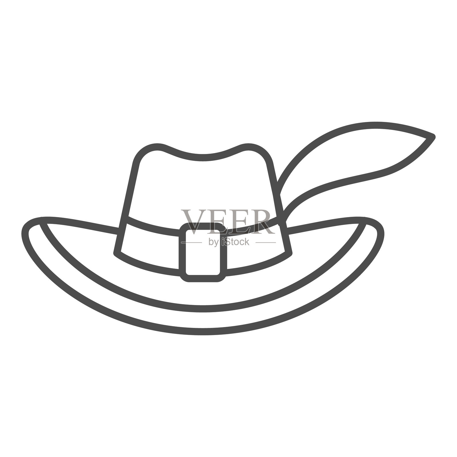 带羽毛的火枪手帽子细线图标，童话头饰概念。矢量图形。白色背景上的小圆柱形帽子标志，适用于移动或网页设计的轮廓风格图标。插画图片素材