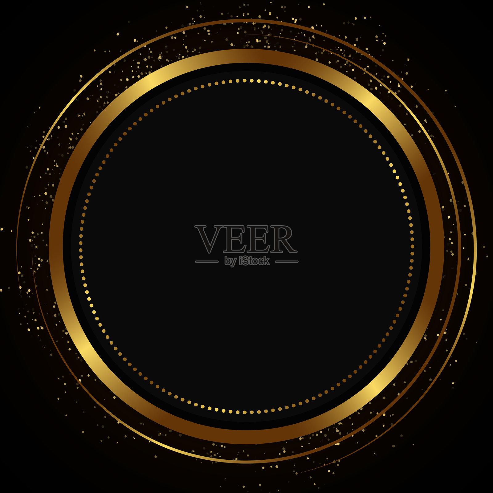 抽象的节日黑色背景，带有闪亮的圆形框架、闪烁的线条和金色尘埃插画图片素材