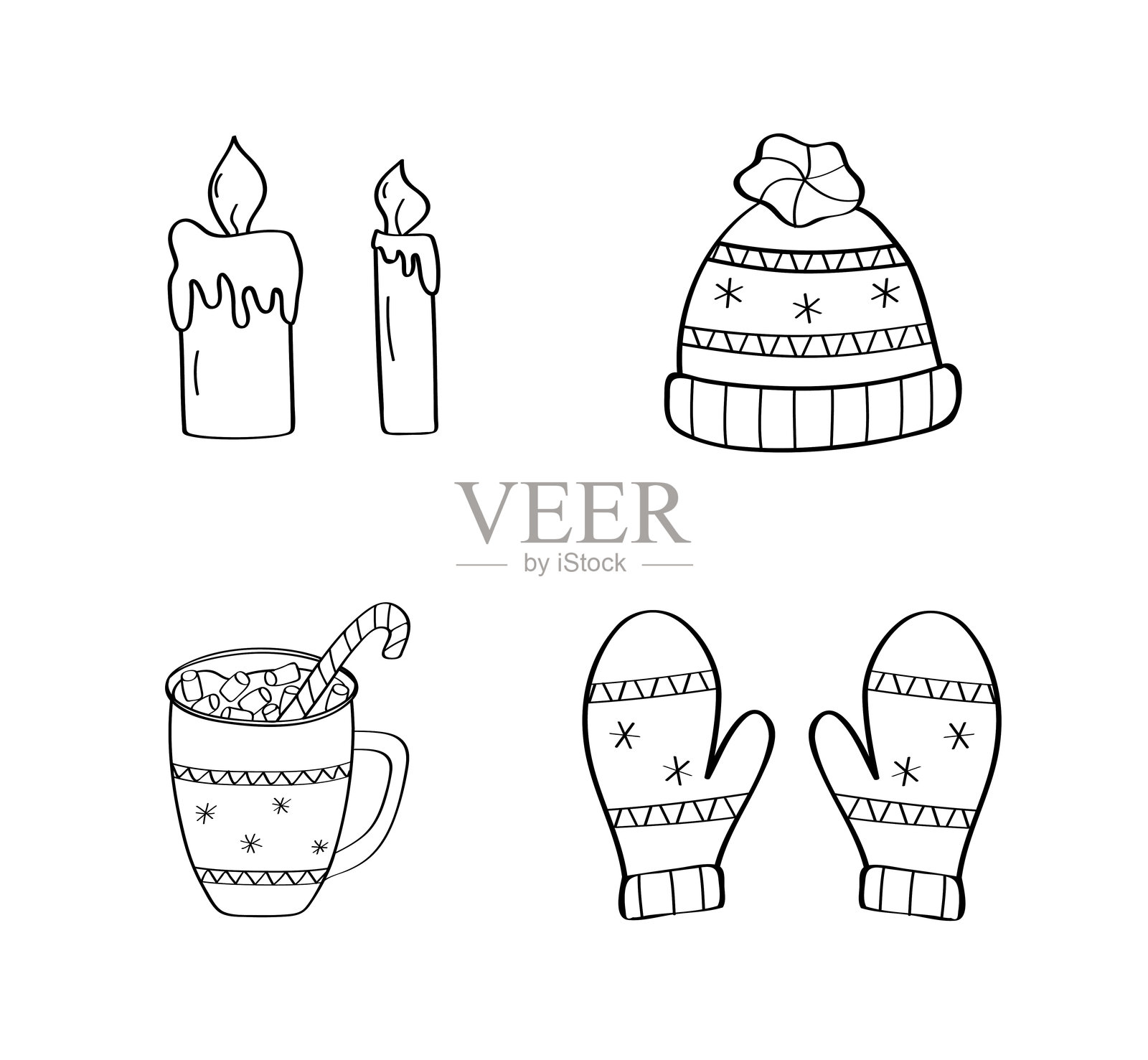温暖的冬季手套和帽子，热巧克力和蜡烛。圣诞涂鸦图标的矢量插图。插画图片素材