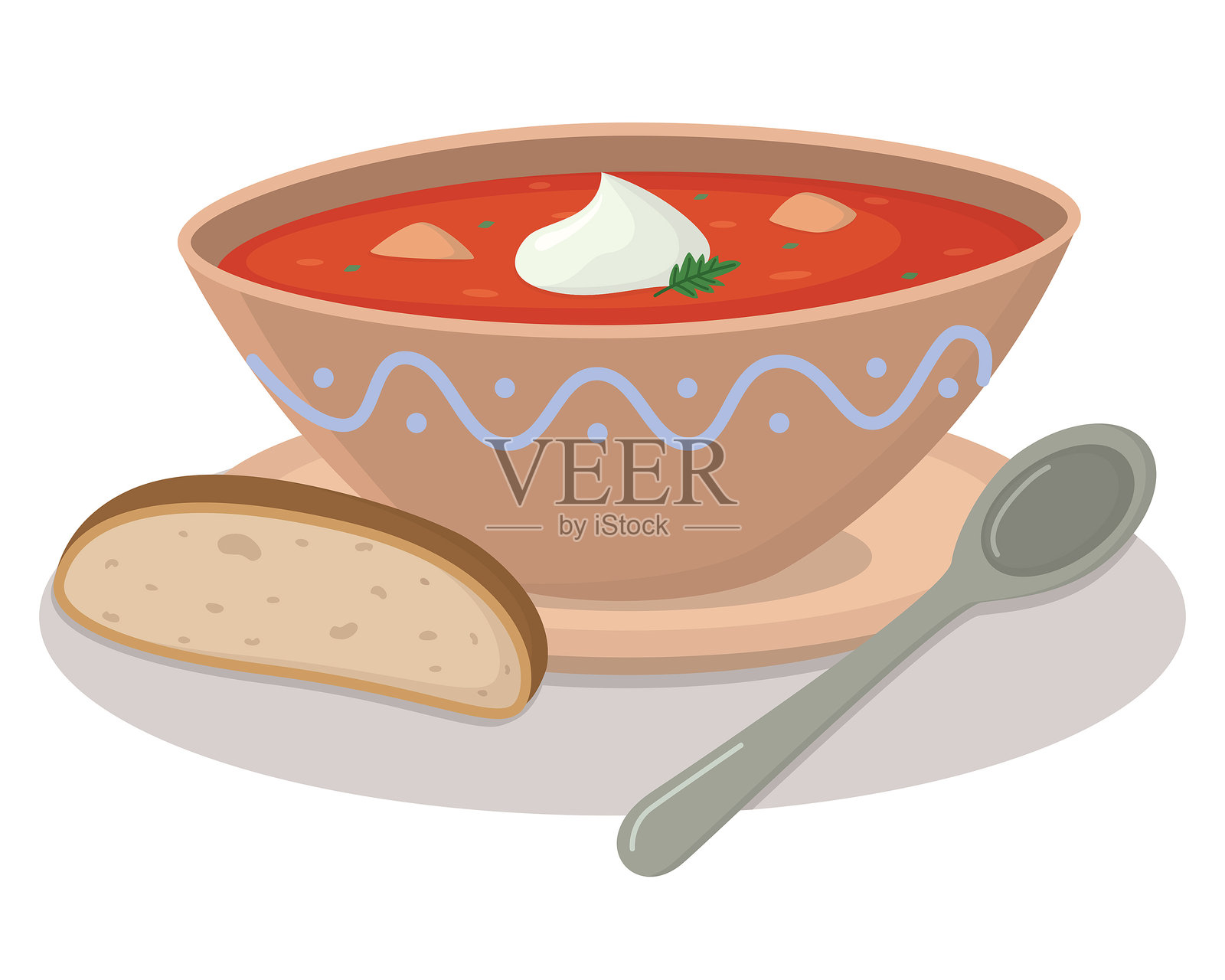 酸菜汤配酸奶油、勺子和面包插画图片素材