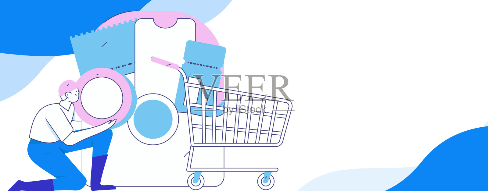 假日购物的人们进行电子商务在线购物的扁平矢量概念手绘插图插画图片素材