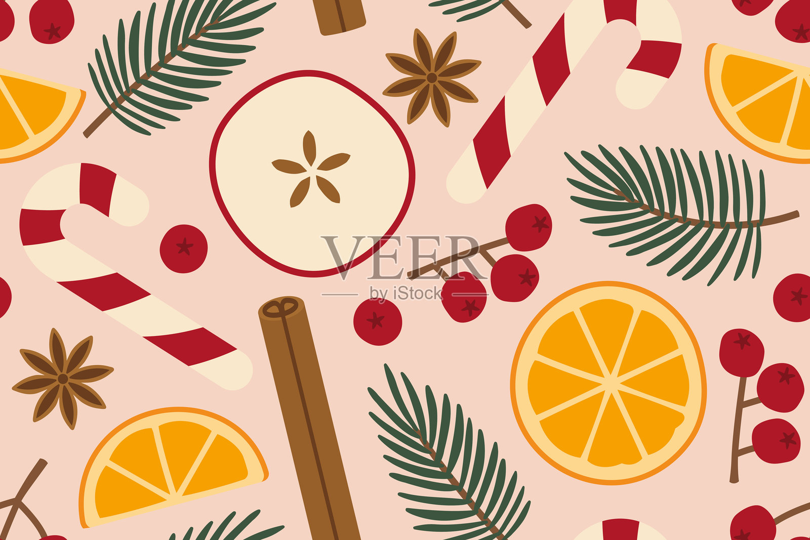 假日、冬季、圣诞节无缝图案，包含糖果手杖、橙子和苹果片、肉桂卷、蔓越莓、冷杉枝和丁香。插画图片素材