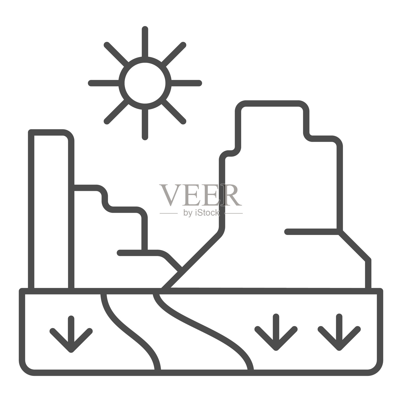 大峡谷与阳光的细线图标，西部沙漠概念。矢量图形。白色背景上的美国山谷风景标志，适用于移动或网页设计的轮廓风格图标。插画图片素材