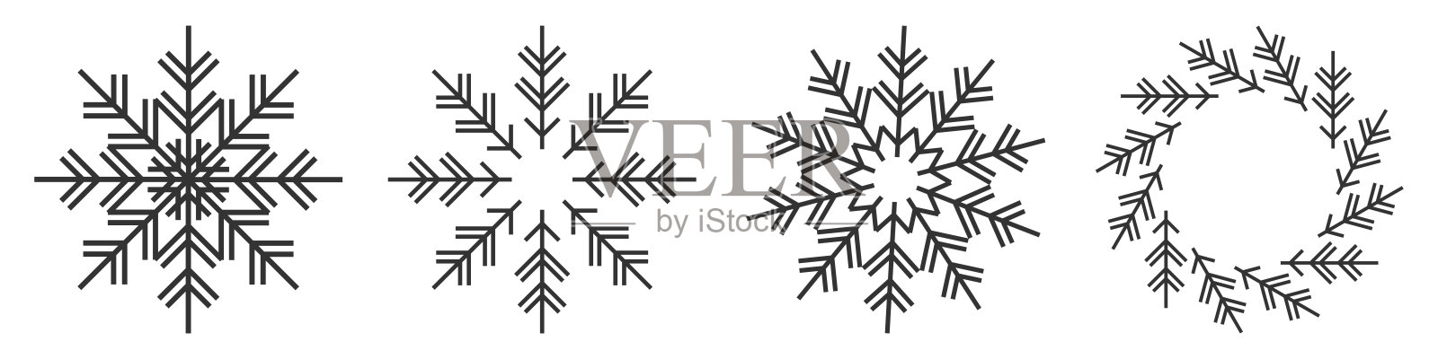 几何雪花和花环矢量集。冬季雪花图标。雪花线条艺术。黑白雪花符号。极简雪花设计。插画图片素材