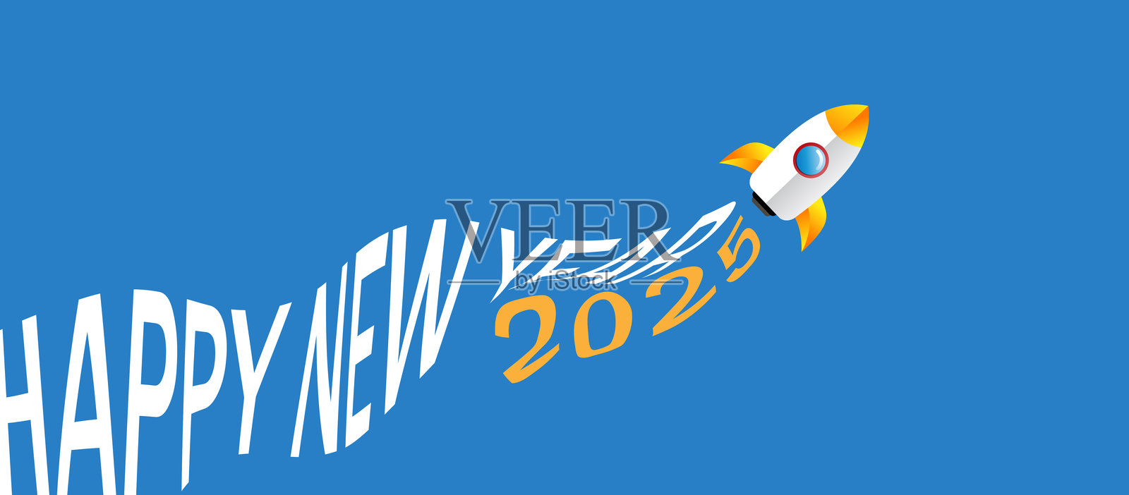 2025年新年快乐，火箭发射在蓝色天空背景下。矢量插图插画图片素材