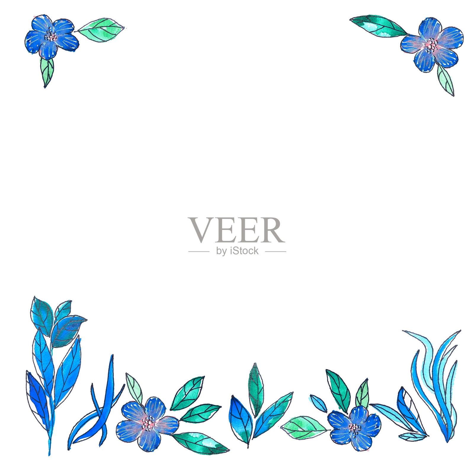 手绘水彩花卉边框设计，特色鲜艳的蓝色花朵和郁郁葱葱的绿色叶子，适用于创意项目插画图片素材