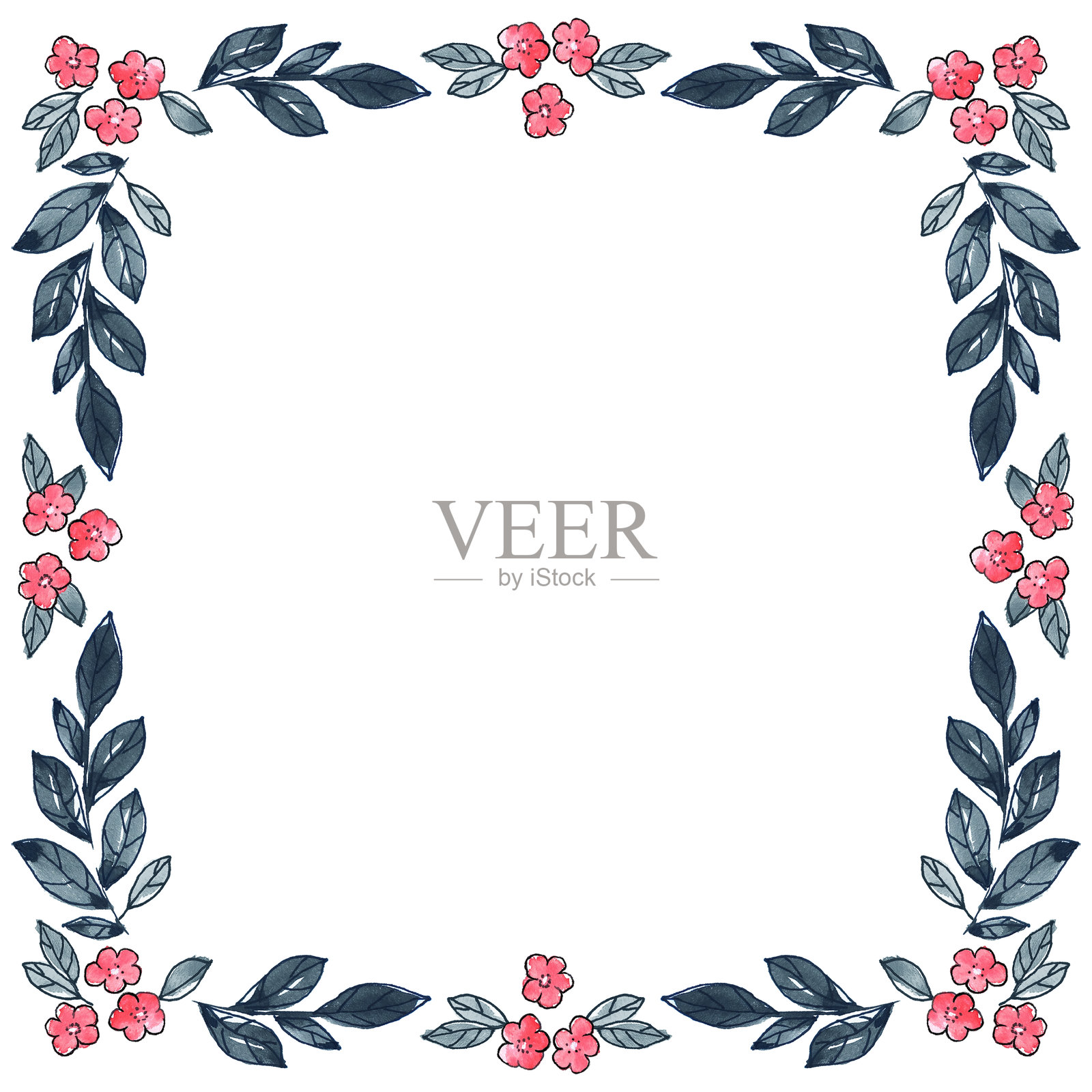手绘水彩花卉边框，带有叶子和粉色花朵，适用于创意项目和邀请函插画图片素材