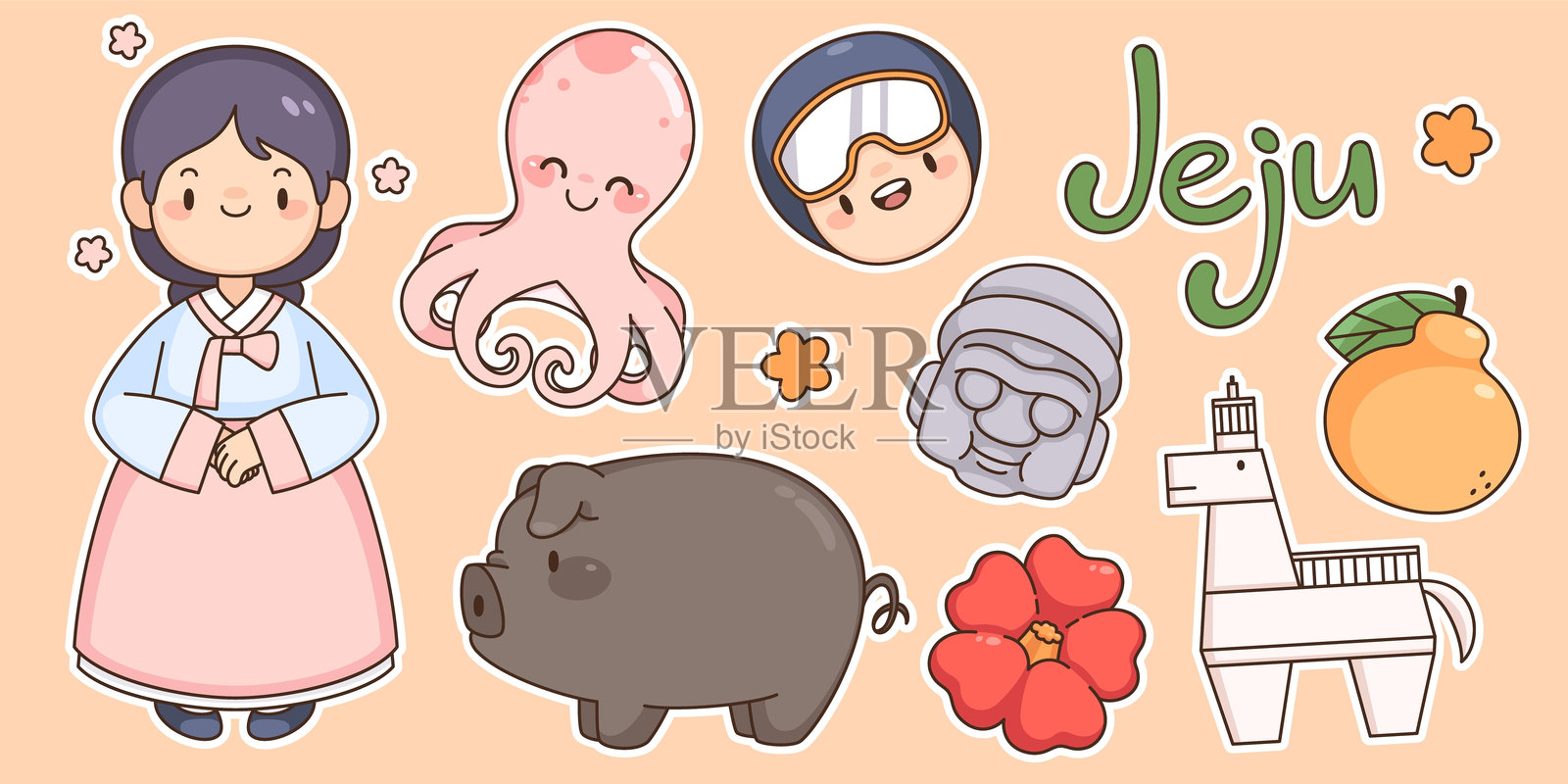 济州岛可爱贴纸套装插画图片素材