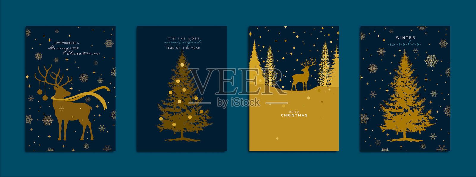 节日贺卡设计。圣诞元素包括驯鹿、松树、雪花、星星……矢量插图。插画图片素材