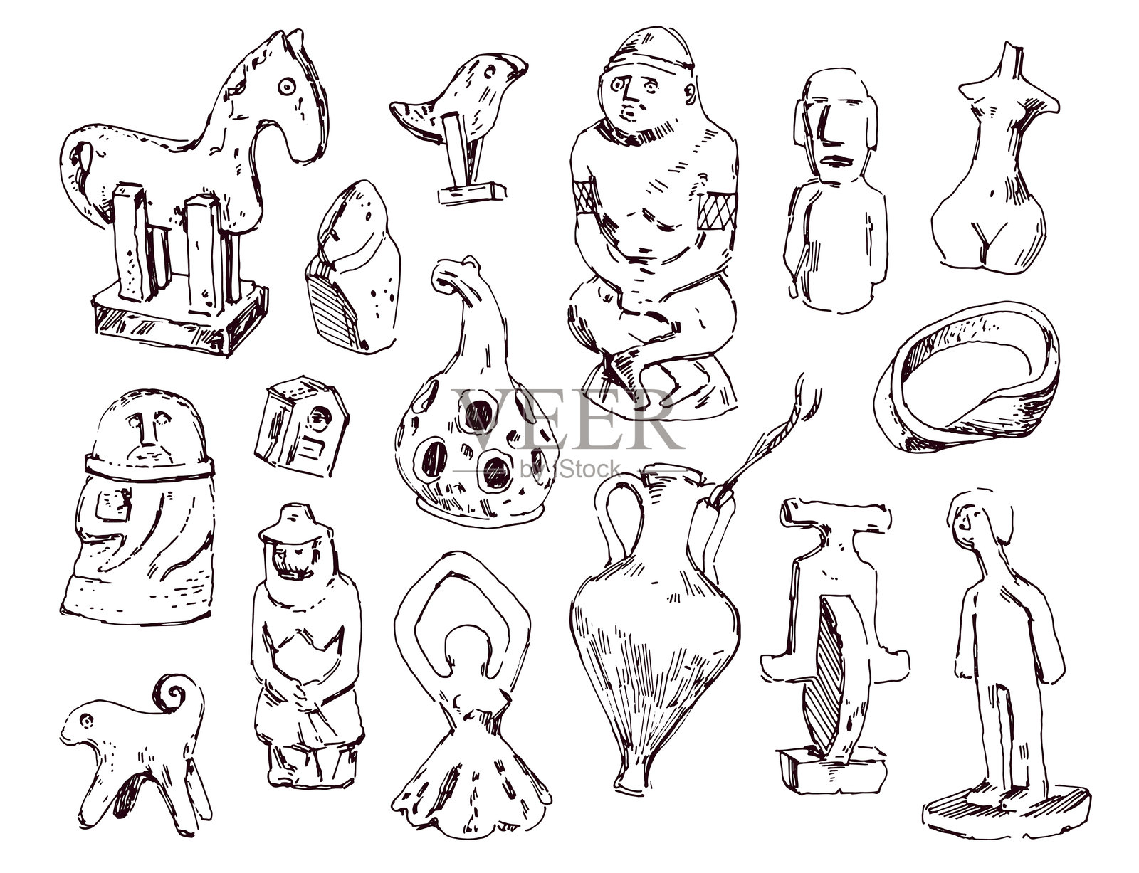 异教符号的轮廓草图。自由手绘。黑白插图插画图片素材