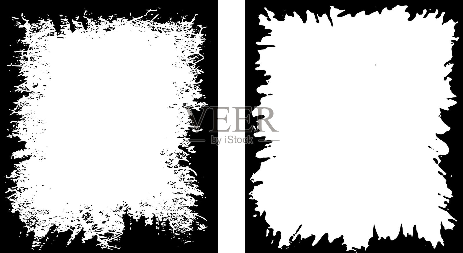 复古磨损照片框架：四种独特的破旧边框，具有不规则的锯齿边缘和黑白色调，适用于创意视觉项目。插画图片素材