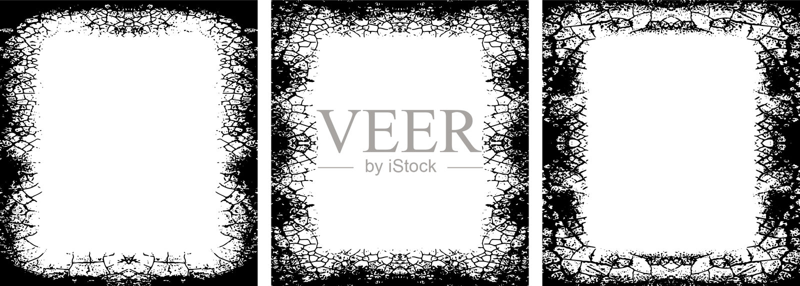 乡村优雅的粗糙框架系列，图像展示了三种不同的粗糙风格框架。每个框架都有独特的裂纹和磨损质感，营造出粗犷和复古的美感。框架为矩形。插画图片素材