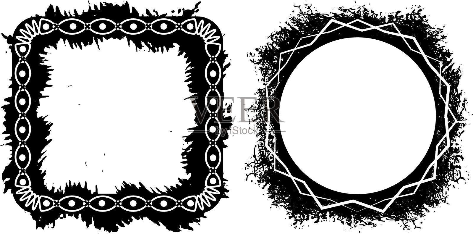 精美设计的磨损照片框，双维圆形，具有破损的锯齿边缘和溅洒图案，适合艺术和前卫的视觉展示，磨损照片框，刷子笔触插画图片素材