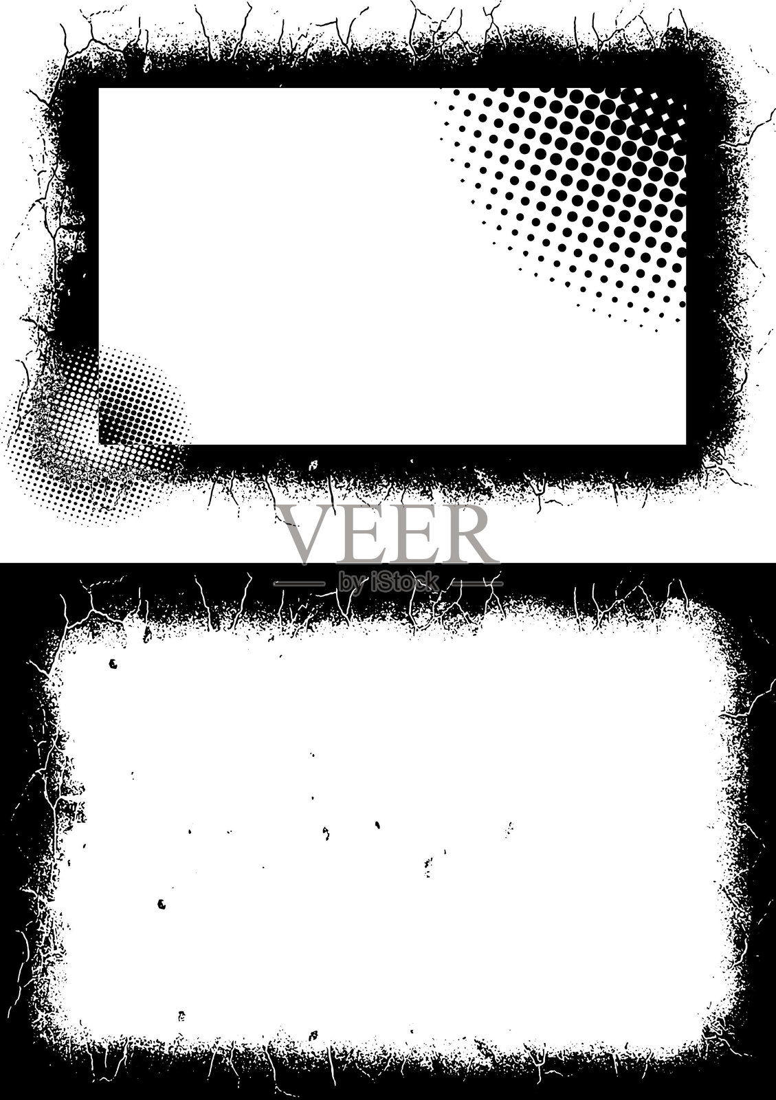 复杂的磨损风格框架设计，带有半色调图案和纹理边框，适用于艺术和创意项目，全面的收藏，特色独特的裂纹和复古风格边缘，适合照片框。插画图片素材