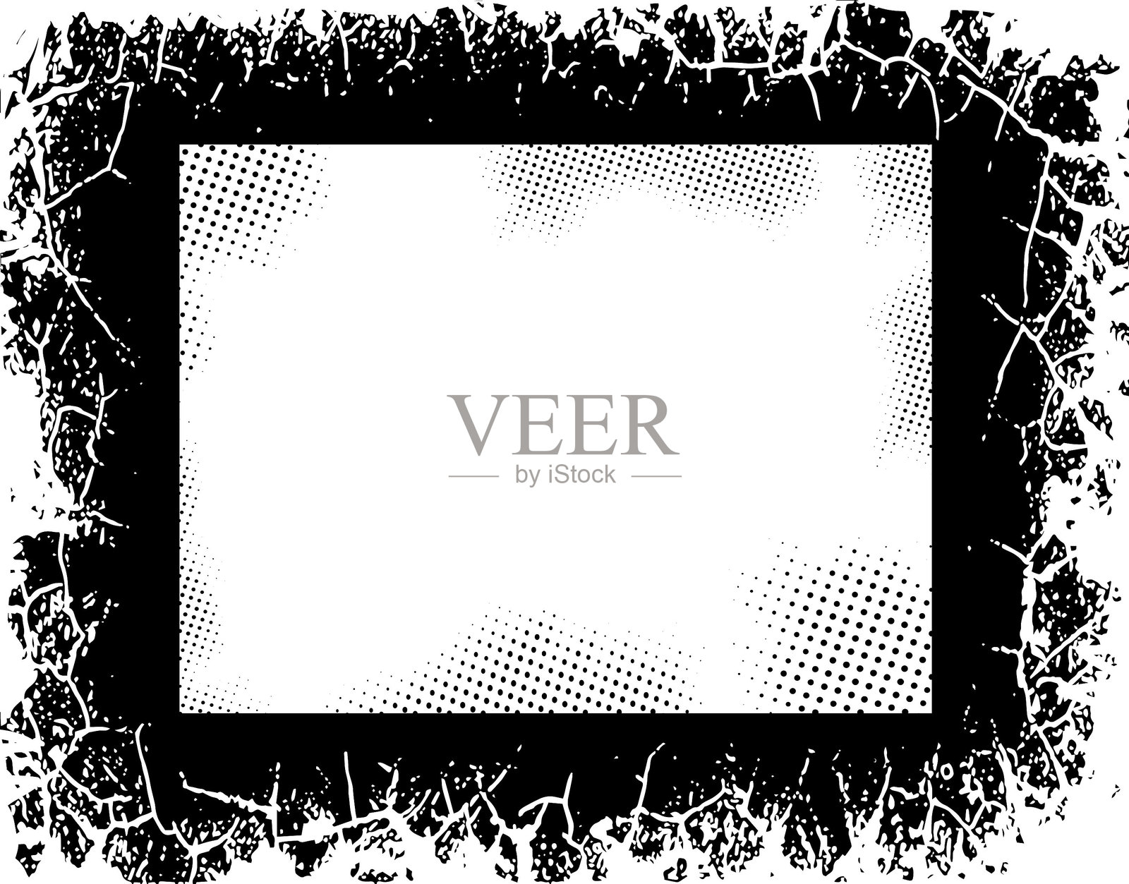 前卫艺术的双重磨损照片框，具有破损、裂纹和飞溅的黑色边框，内部为半色调点状设计，适合独特创意的视觉展示。插画图片素材